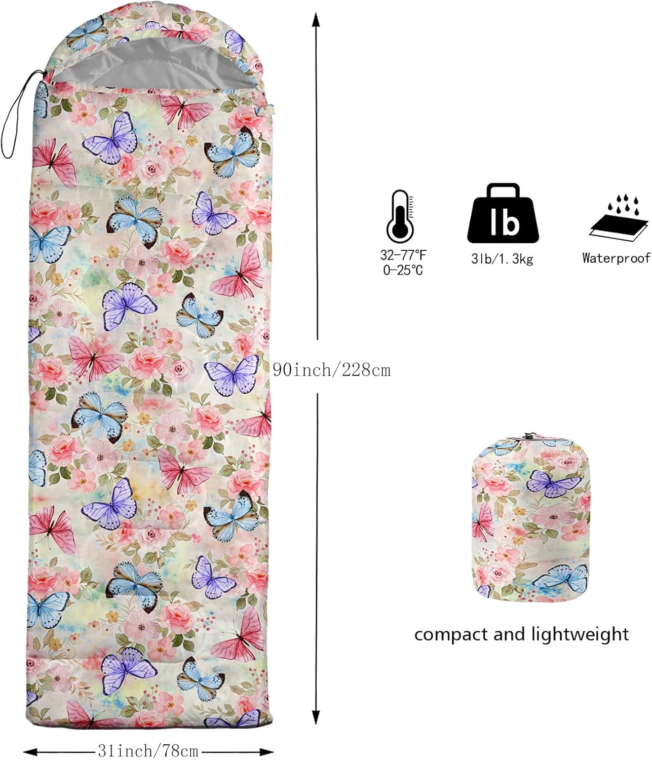 Kids Sleeping Bag for Boys Girls,Butterfly Flowers Print-Lightweight Warm Portable Outdoor Indoor-Waterproof Cold Weather Resistant Sleeping Bag for Camping Hiking(Flowers) - Image 3