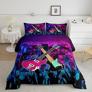 Teens Electric Guitar Comforter Set Queen Size,Rock Music Theme Bedding Set for Kids Boys Girls Bedroom Decoration,Rock Guitar Bed Duvet Insert,Stage Lighting Comforter with 2 Pillowcases