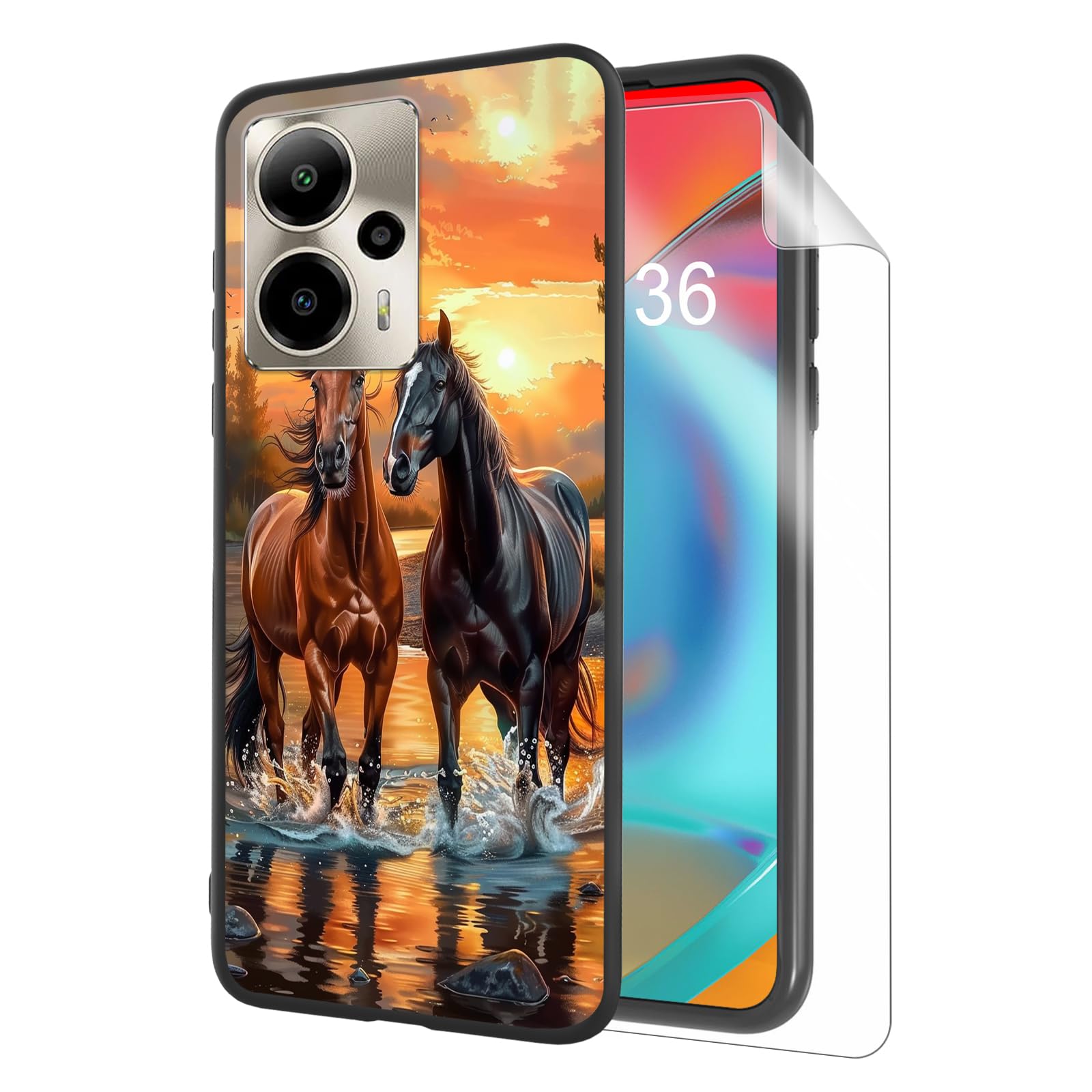for Cricket Outlast 5G 2024 Phone Case, Soft TPU Shockproof Full Body Protection Cover 6.8" for Cricket Outlast 5G 2024, Lightweight Compatible Wireless Charging, Two Horses Sunset