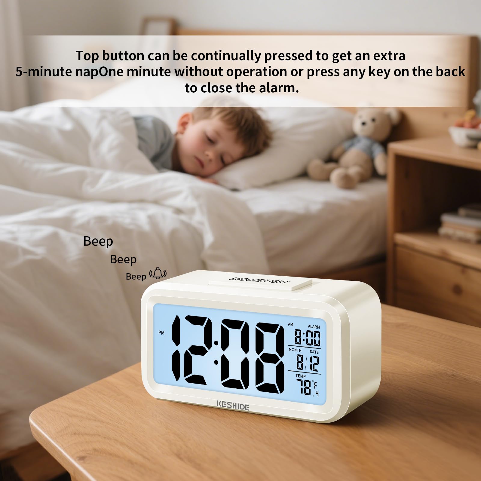 Reloj despertador digital con luz nocturna, funciona con pilas con temperatura interior, reloj pequeño de escritorio, modelo de repetición, pantalla de 12/24 horas para dormitorios, niños que
