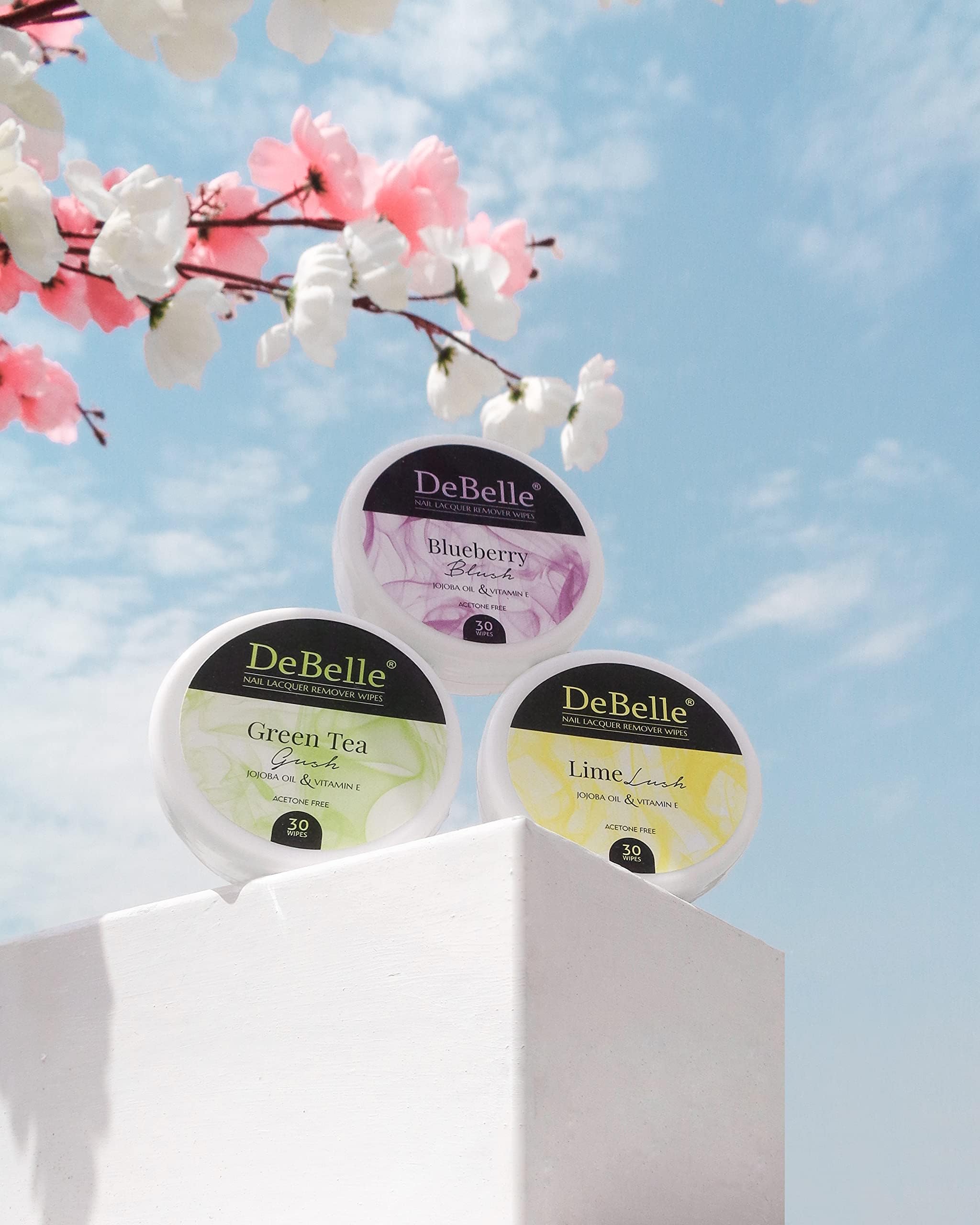 DeBelle Nail Polish Remover Wipes Combo of 3 - Blueberry Blush, Green Tea Gush & Lime Lush |Acetone free| Enriched with jojoba Oil, Olive Oil & Vitamin E|(30 pads)