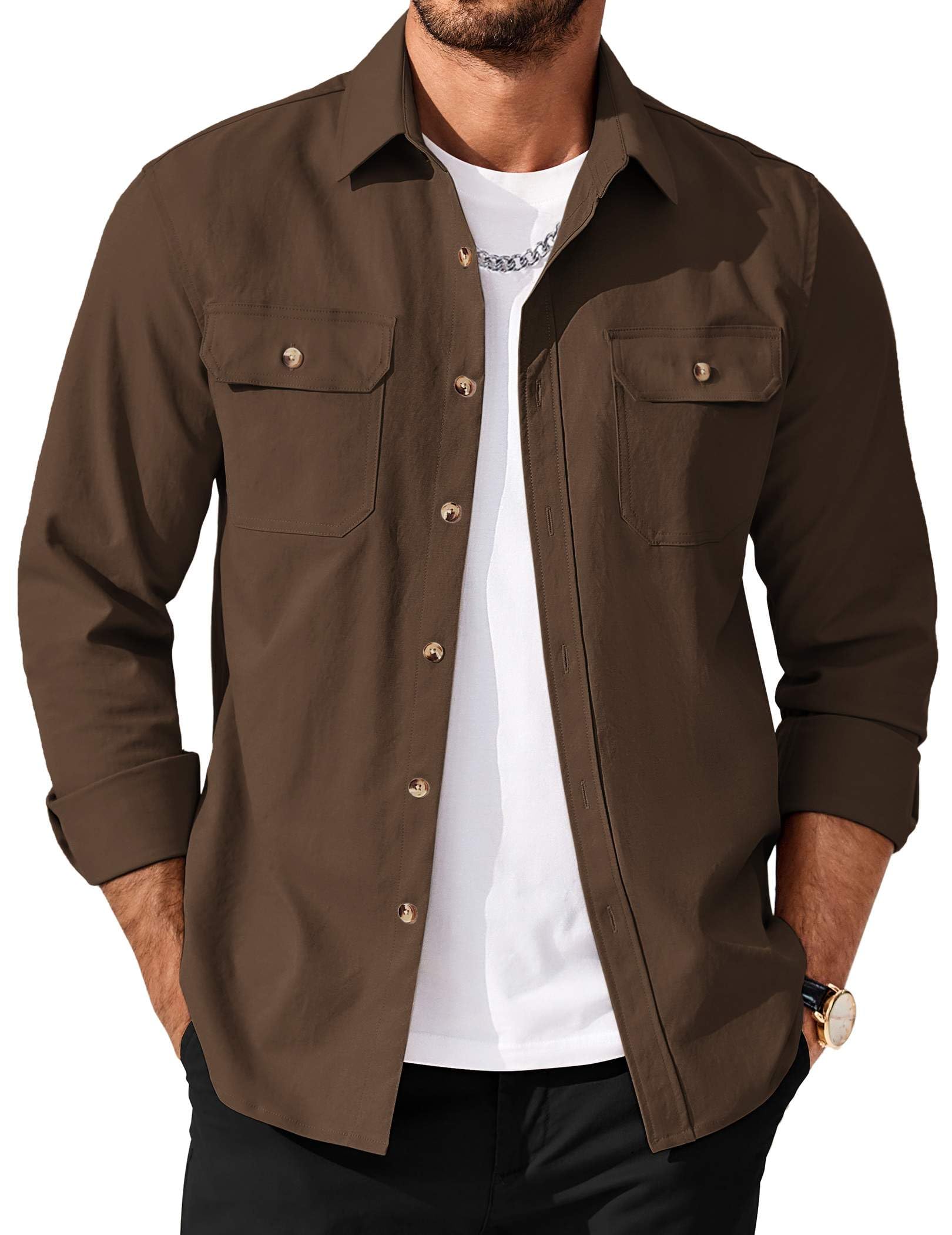 COOFANDY Men's Long Sleeve Button Up Shirt Jacket with Flap Pockets