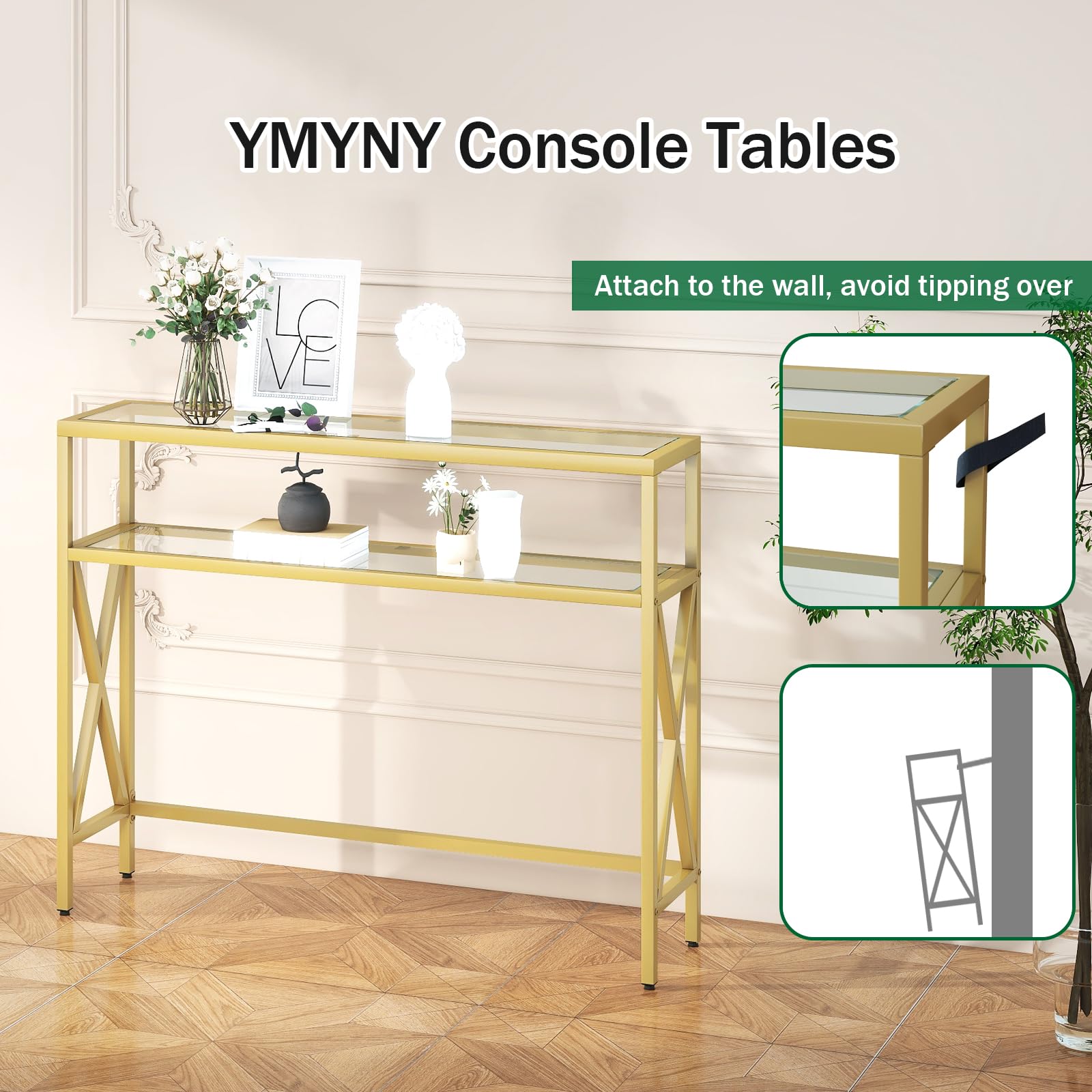 YMYNY Konsolentisch, Gehärtetes Glas Sofa Tisch, Industrieller Eingangstisch für Flur, Schmaler Sofastisch mit Regalen, Kompakter Anzeigetisch für kleine Räume, 101×25×80.5CM Golden HGD007G
