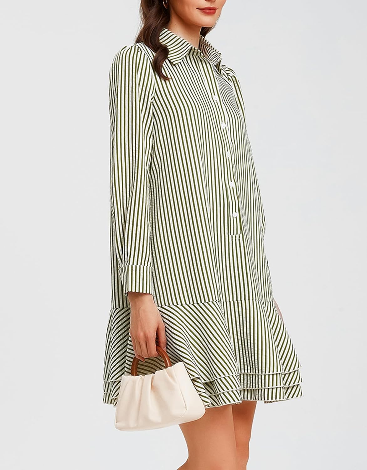 Ladyful Long Sleeve Striped Shirt Mini Dress for Women Button Down Ruffle Tiered Drop Waist Shift Tunic Short Dress - Image 2