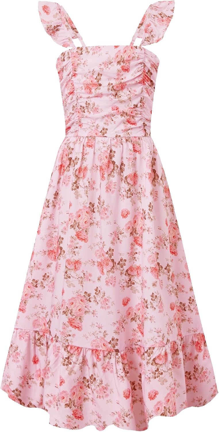 Sunny Spirit Girl's Summer Floral Dresses Kids Cute Ruffle Sleeve Smocked Flowy Dress 6-14 Years