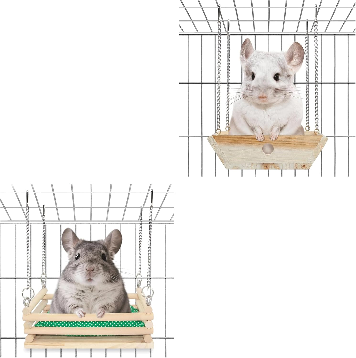 Natural Wood Chinchilla Hammock & Swing Set - Hanging Bed with Soft Mat & Ledges for Indoor Chinchilla Habitat, Cage Accessories & Enrichment Toys