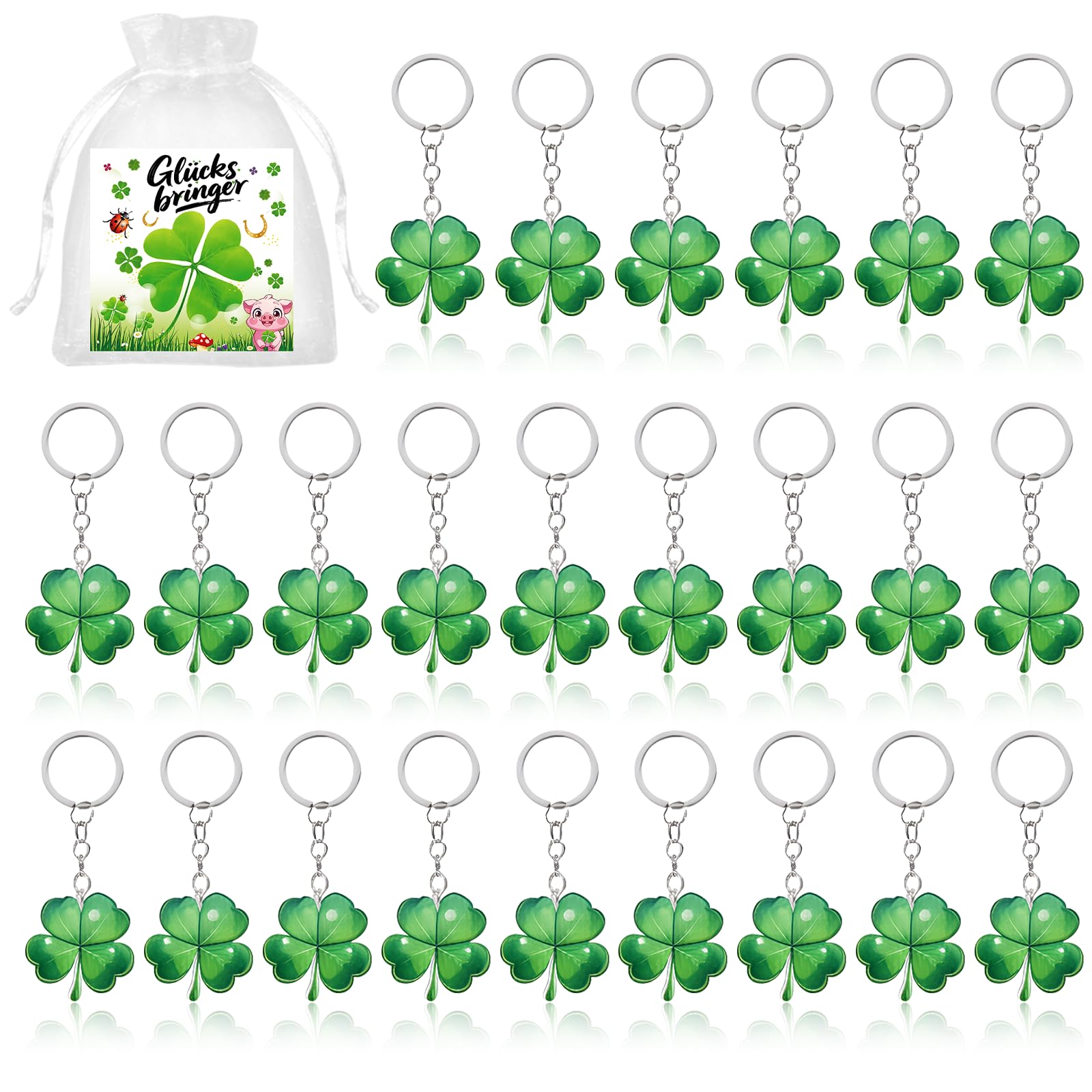 OuMaiFeng 24 Stück Acryl Kleeblatt Glücksbringer Schlüsselanhänger Set,Abschiedsgeschenk Schüler,Abschiedsgeschenk Kollegen,Grußkarte und Organzabeutel,Party Mitgebsel,Geschenke für Freunde Familie