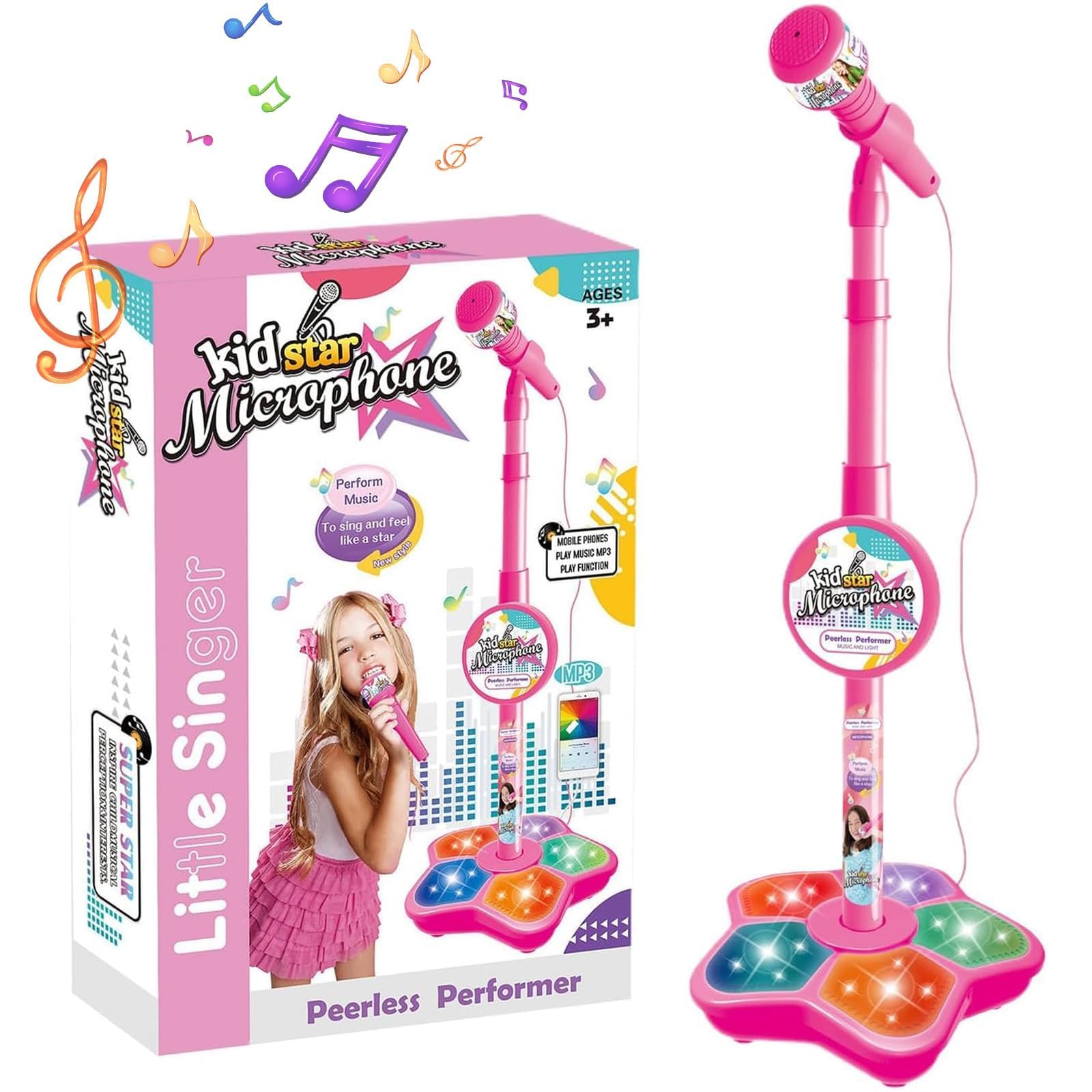 Vibbang Kids Microphone And Stand, Kids Microphone and Stand Adjustable,Kids Karaoke Sing Musical Toy, Childrens Karaoke Machine With Adjustable Stand Lights For Girls Boys Party Pastime