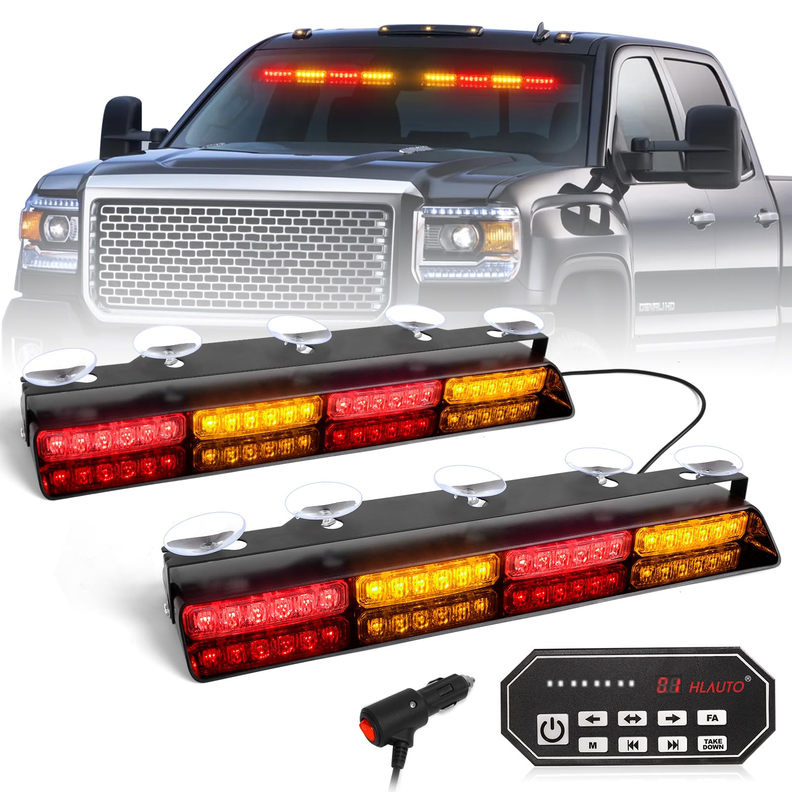 HLauto 604N - Luces estroboscópicas de emergencia con controlador, 5 x 42,7 cm, luz de seguridad roja ámbar con despegue, 48 LED intermitentes de seguridad, peligro, barra de luz interior para