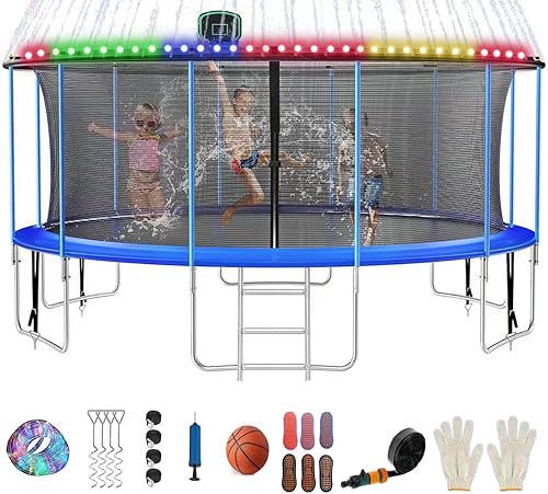 FIZITI Tranpoline de 12 pies, 14 pies y 16 pies para adultos y niños, tranpolina al aire libre de 1500 libras con luz, aspersor, red de recinto, aro