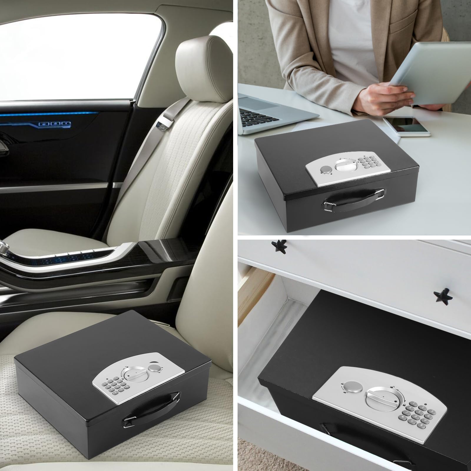 Dalmbox Caja fuerte de metal portátil con cerradura de código digital, almacenamiento resistente al fuego para documentos, caja de seguridad ignífuga, coche, hogar, oficina y exterior, caja negra