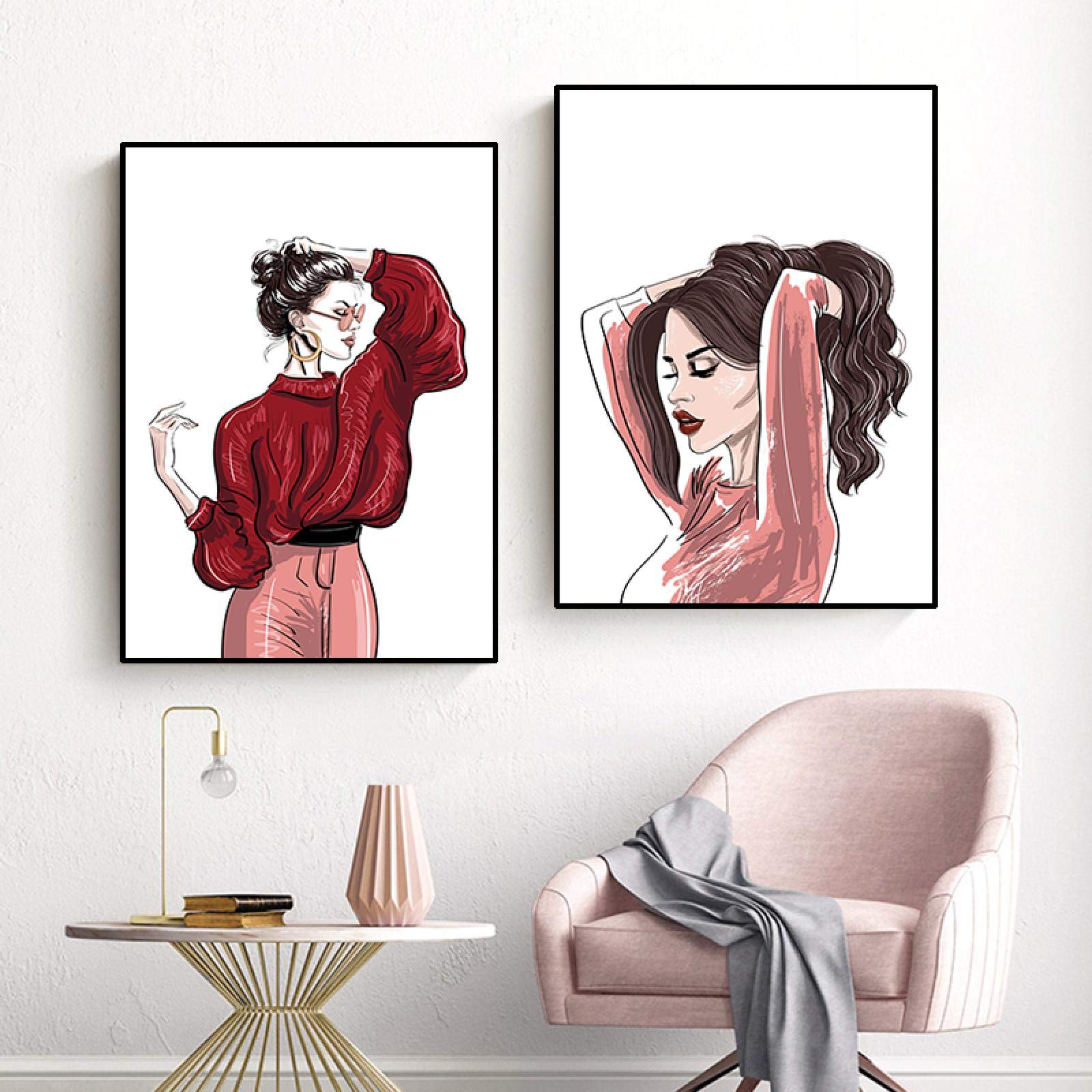 Pintura Giclee de chicas de moda en pack de 2 lienzos sin marco con detalles de labios rojos 8