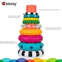Vista 3 de Anillo de apilado de pilas de círculos de Sassy, juguete de aprendizaje STEM, a partir de 6 meses, multicolor, juego de 9 piezas