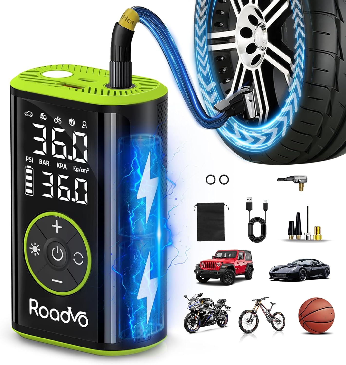 Roadvo Portable Tire Inflator Air Compressor, 150PSI Cordless Tire Pump & Bicycle Pump with 10000mAh Battery, 24L/Min Fast Inflation, Auto Shut-Off, Digital Gauge, LED Light for Car, Bike, Motorcycle
