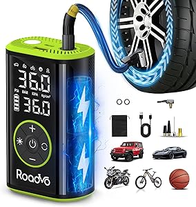 Roadvo Portable Tire Inflator Air Compressor, 150PSI Cordless Tire Pump & Bicycle Pump with 10000mAh Battery, 24L/Min Fast Inflation, Auto Shut-Off, Digital Gauge, LED Light for Car, Bike, Motorcycle