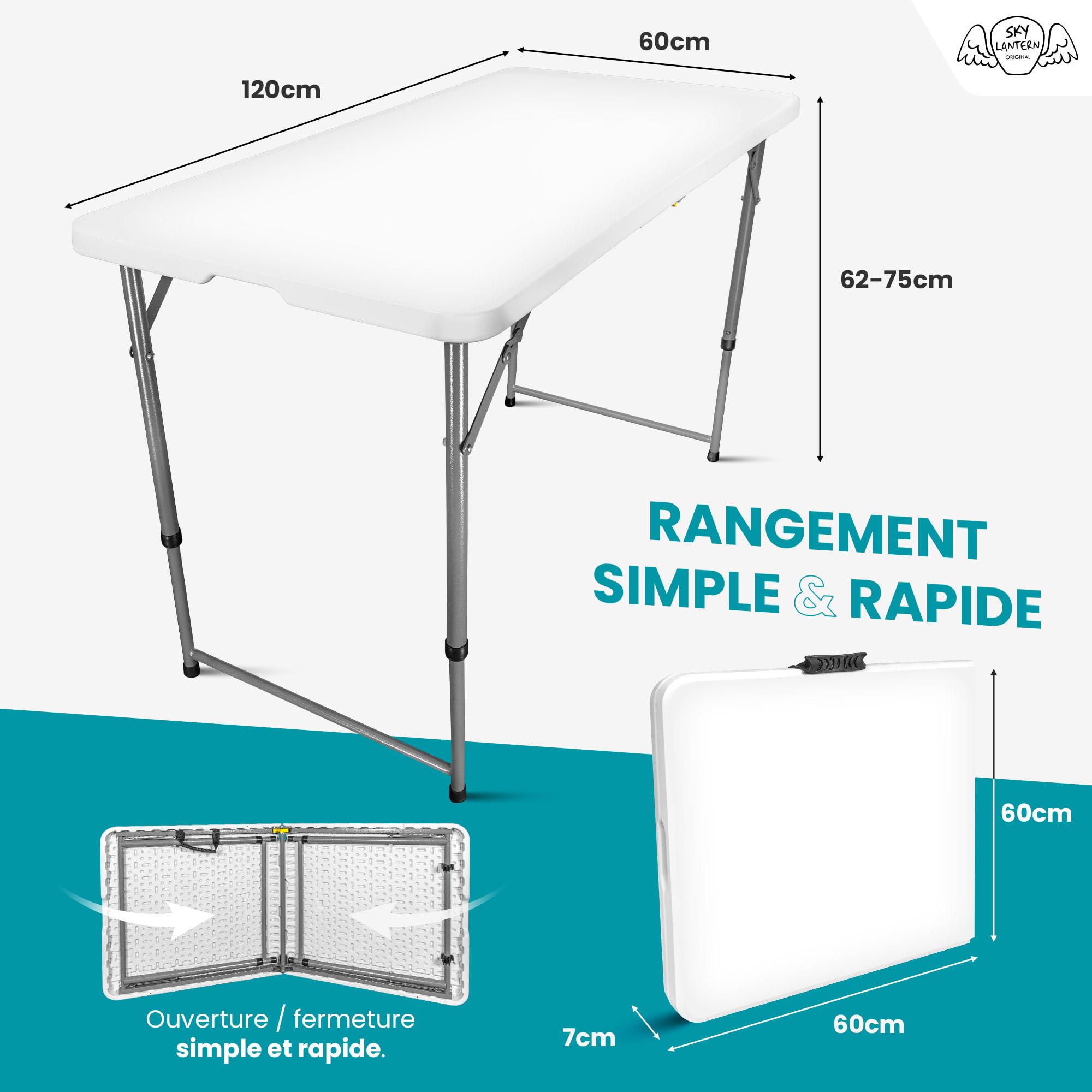 SKYLANTERN Klapptisch, 120 cm, rechteckig, weiß, höhenverstellbar, Campingtisch, 6 Personen, L 120 x B 60 x H 74 cm, aus HDPE, hohe Dichte, Dicke 3,5 cm