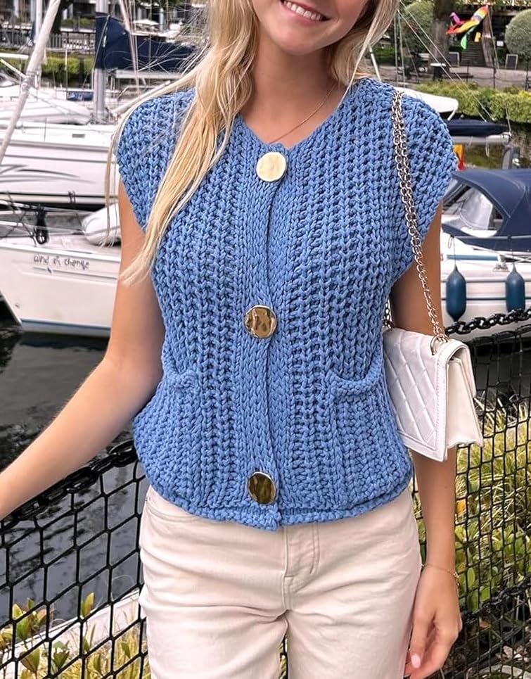 Image of UAURORAO Women Chunky Sweater Vest Button Down Crochet Cable Knit Cardigan Sleeveless Open Front Knitted Crop Waistcoat