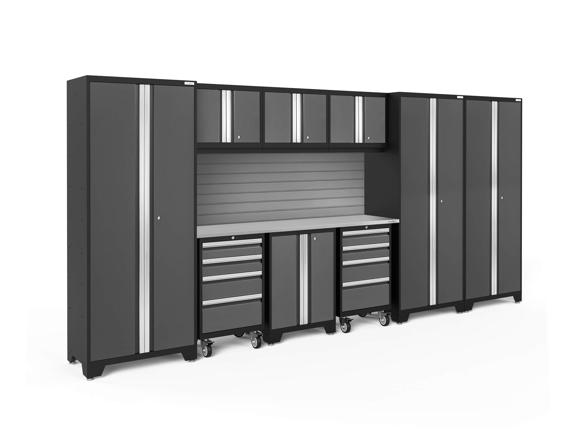 NewAge Products Gray Bold Series 10PC Garage Cabinetry Set · 24-Gauge Steel · Fully Welded · 162" W x 18" D x 76.75" H, 56030
