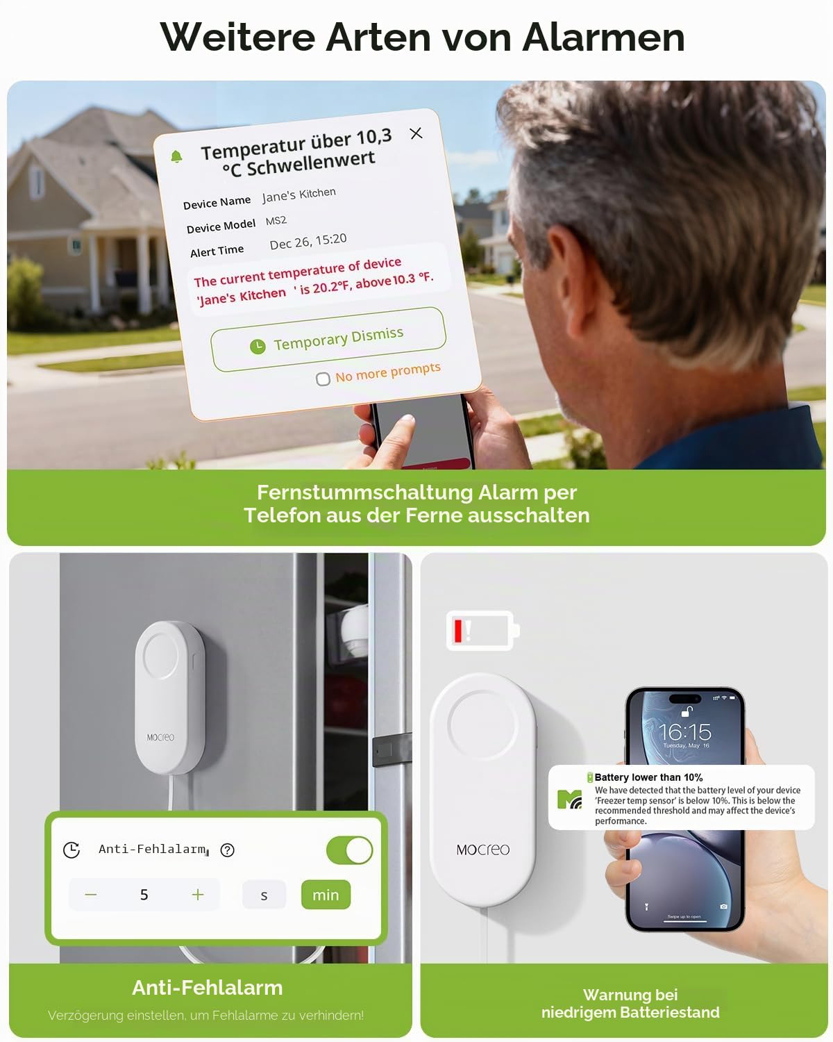 MOCREO WLAN-Thermometer, Gefrierschrank-Alarm, E-Mail-Benachrichtigung, App-Benachrichtigung, Datenaufzeichnungsexport, keine Abonnementgebühr, kabelloser Temperatursensor für Kühlschrank,