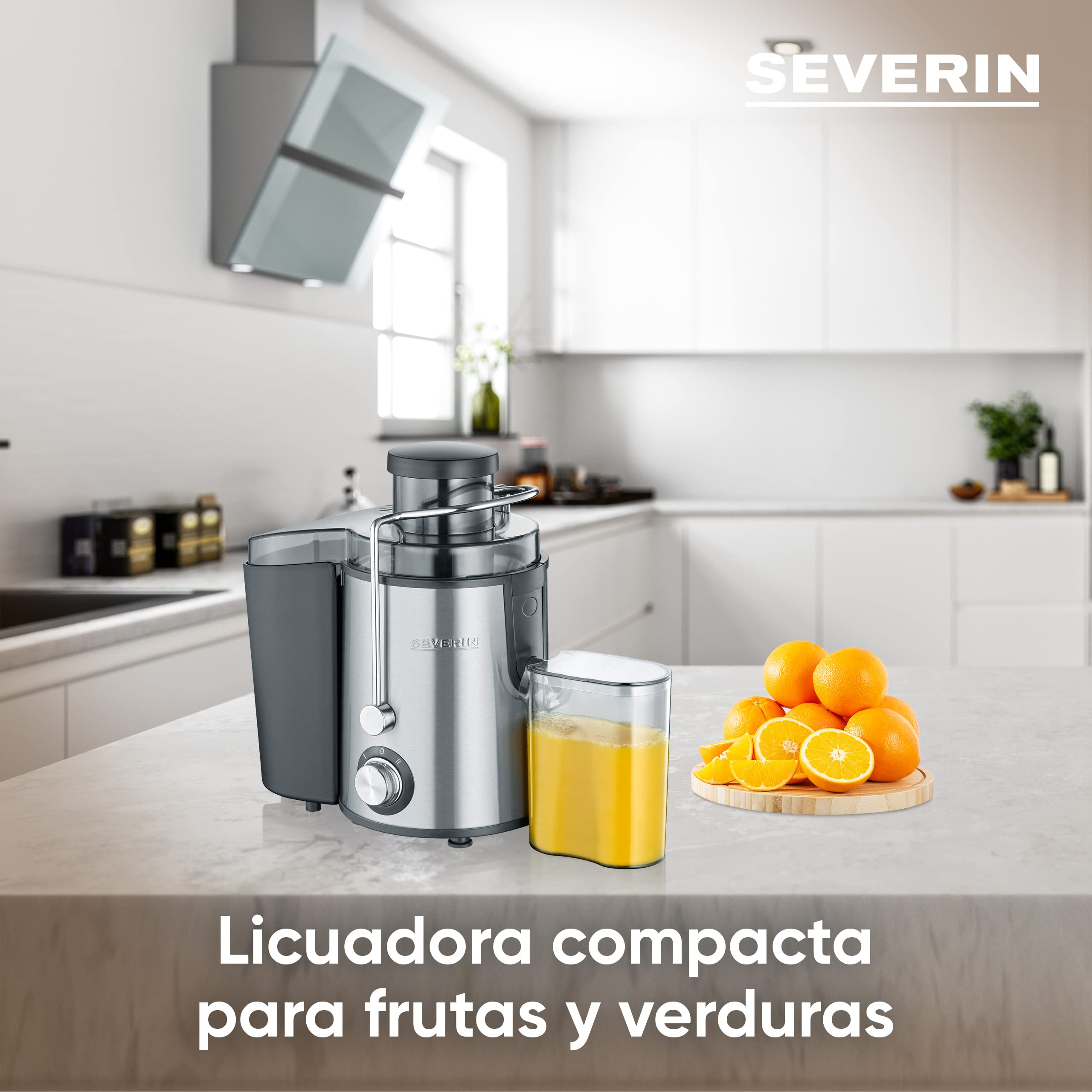 SEVERIN Licuadora para verduras y frutas ricas en vitaminas, extractor de zumo silencioso, licuadora eléctrica de acero con recipiente recolector de 500 ml, plateado/negro, ES 3566