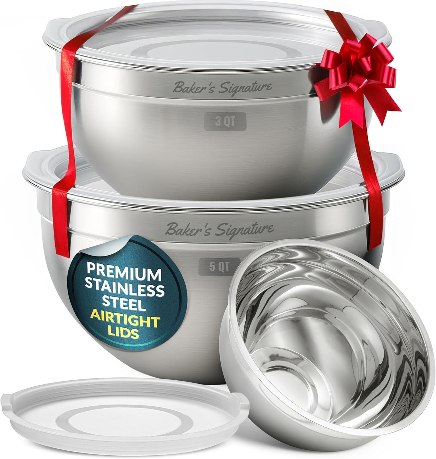 Baker's Signature Stainless Steel Mixing Bowls With Lid, Metal Mixing Bowl Set Of 3, Nesting Set For Food Prep, Baking,Storage, Cooking, Serving | Dishwasher Safe, Silver, 1.5/3/5 Qt