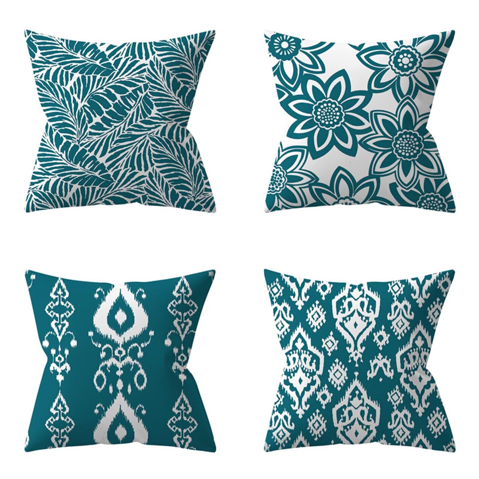 Juego de 4 Impermeable Funda de Cojín Flores abstractas azules,45x45cm Moderno Suave Transpirables Lino Fundas de Almohada Cojines Decorativos con Cremallera Oculta para Exterior Sofá Cama Coche Hogar