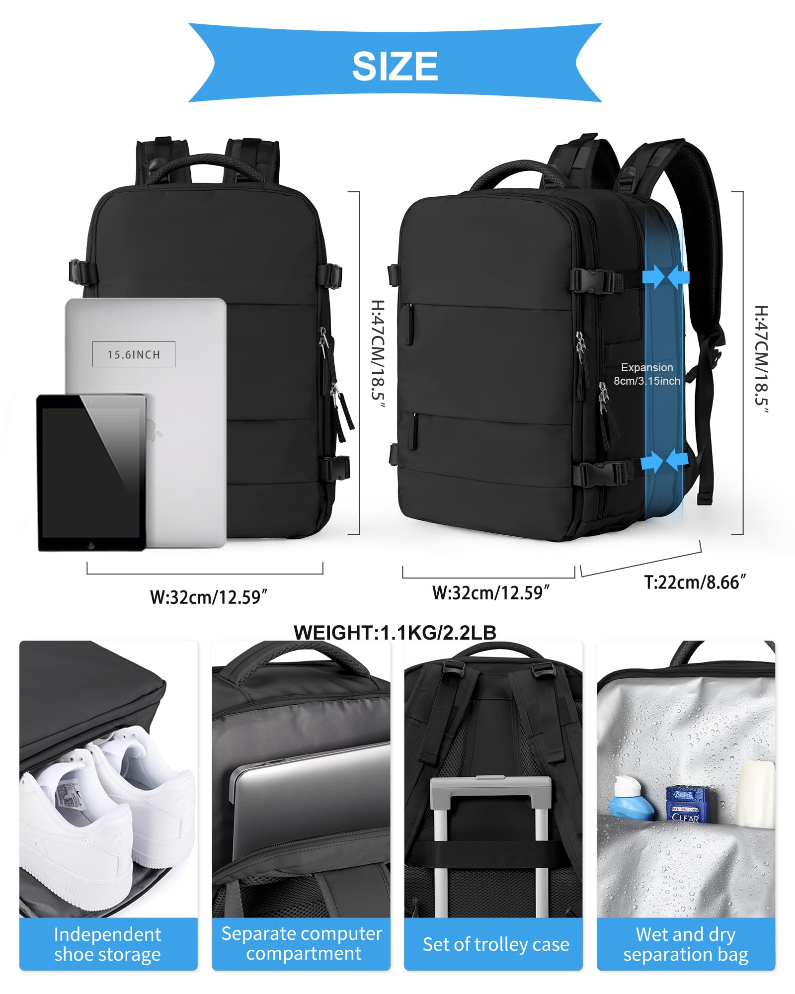 BJLFS Borse da Cabina per Ryanair 40x20x25 Bagaglio a Mano Zaino Borsa Zaino da Viaggio, Zaino da trekking,Zaino Easyjet 45x36x20,Zaino Casual per laptop da 14 pollici per scuola