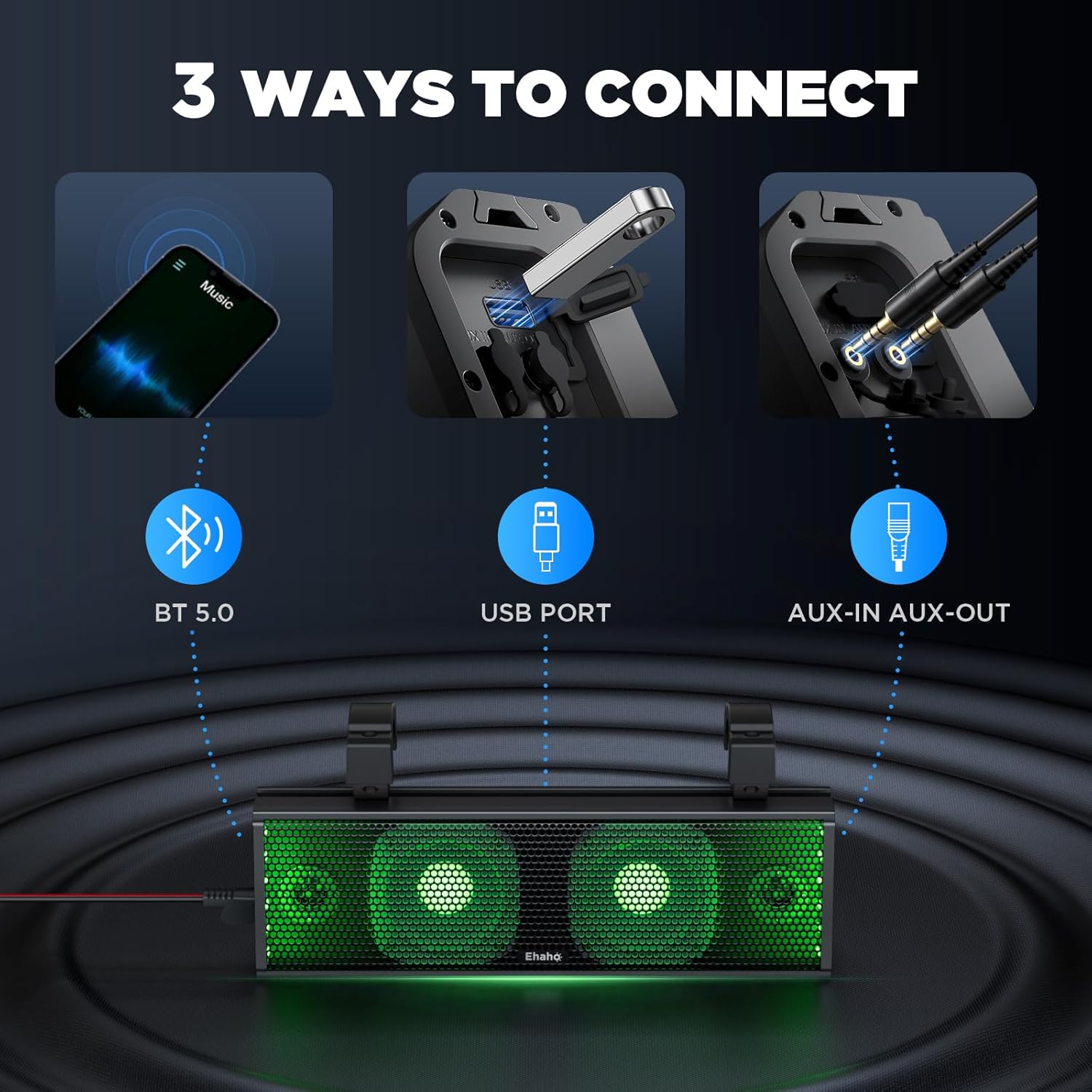 Diagram illustrating three connection methods: Bluetooth 5.0, USB port, and AUX-in/AUX-out, with corresponding icons.