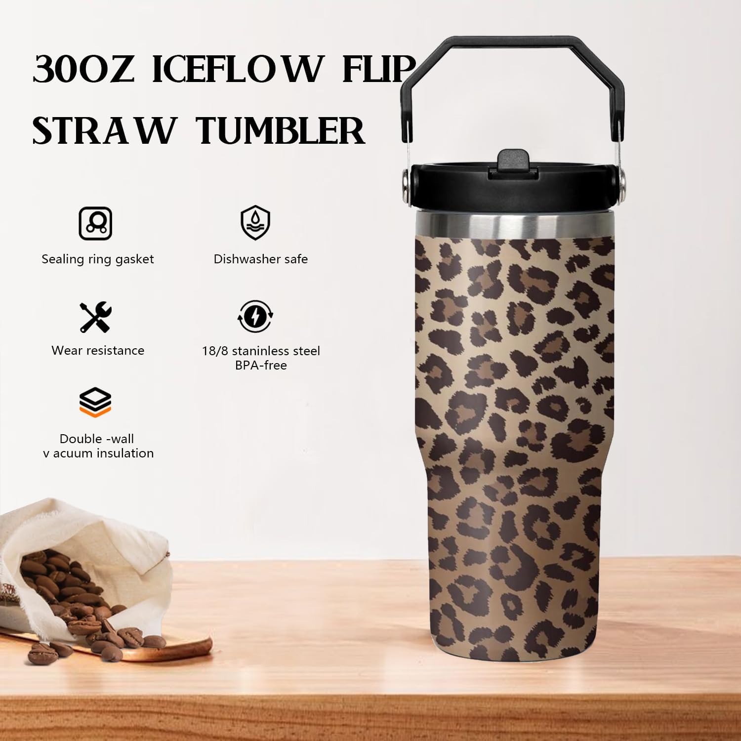 30 oz Tumbler With Handle,Leopard Print Skinny Vacuum Insulated Tumbler With Flip Straw,Cute Cheetah Print Cups Water Bottle CoffeeTravel Tumbler, Leopard Decor/Accessories for Women