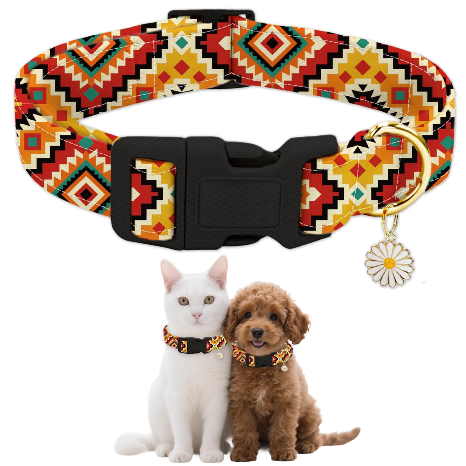GLOBLELAND Ethnic Patterns Dog Collar Bohemia Pet Collars Adjustable Soft Cute Dog Collar with Quick Release Buckle for Small Dogs Puppy Walking Running