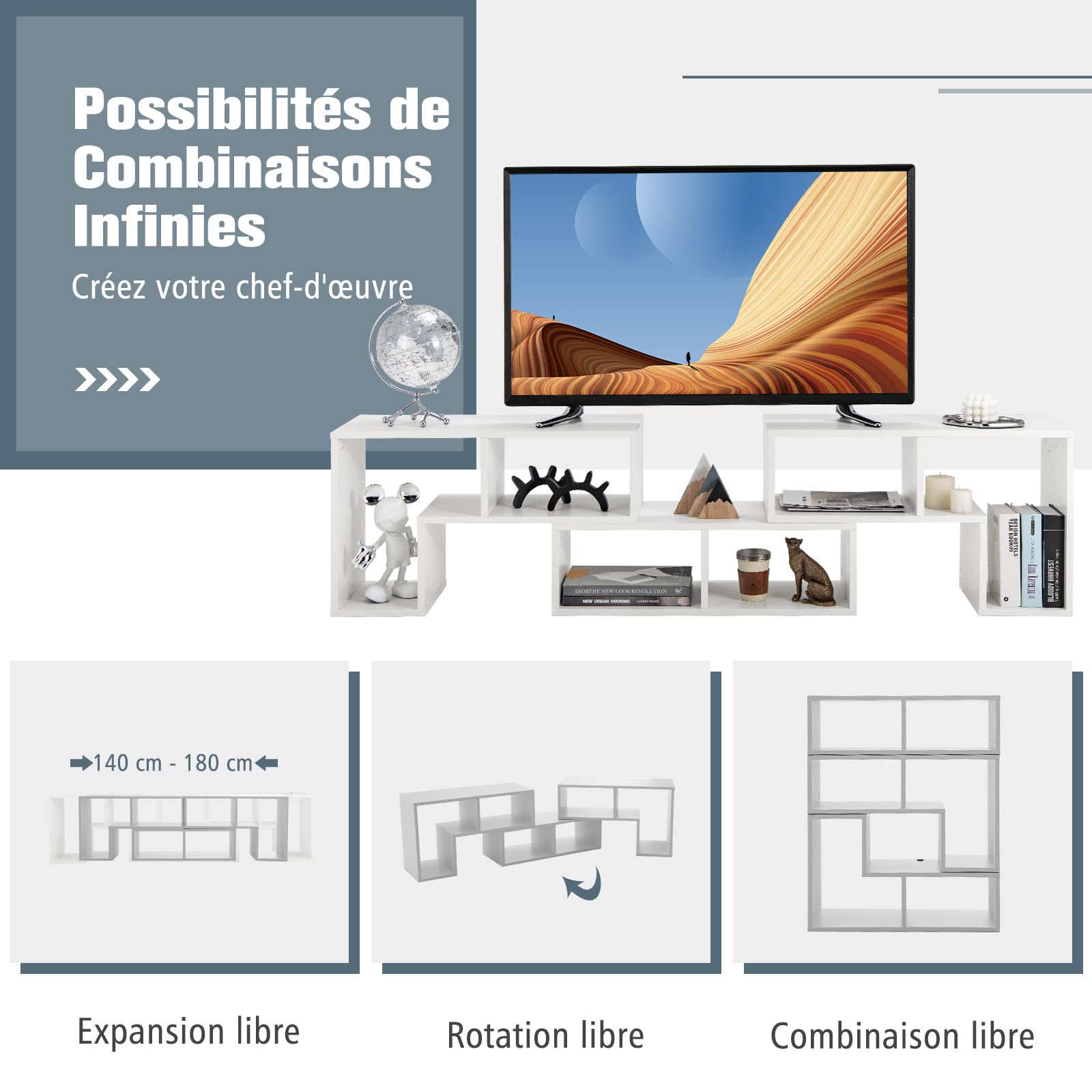 COSTWAY Meuble TV Modulaire 3 Pièces, Meuble Télé Angle Extensible 49 Pouces, Étagère Bibliothèque Bois 135x30x43cm Blanc