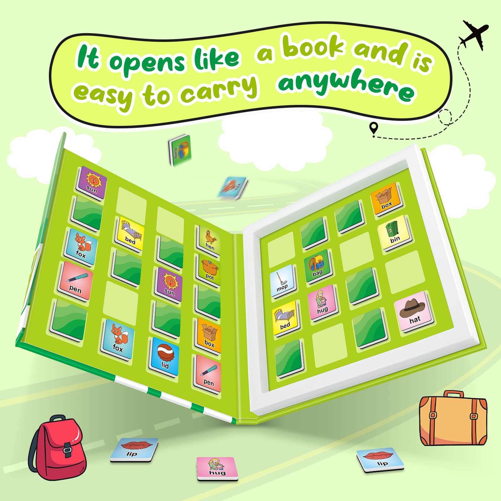 Torlam Magnetic CVC Word Match Game, Phonics Memory Games for Kids, Travel Party Camping Road Family Night Airplane Car Trip Activities for Preschool Kindergarten Kids Educational Homeschool Supplies