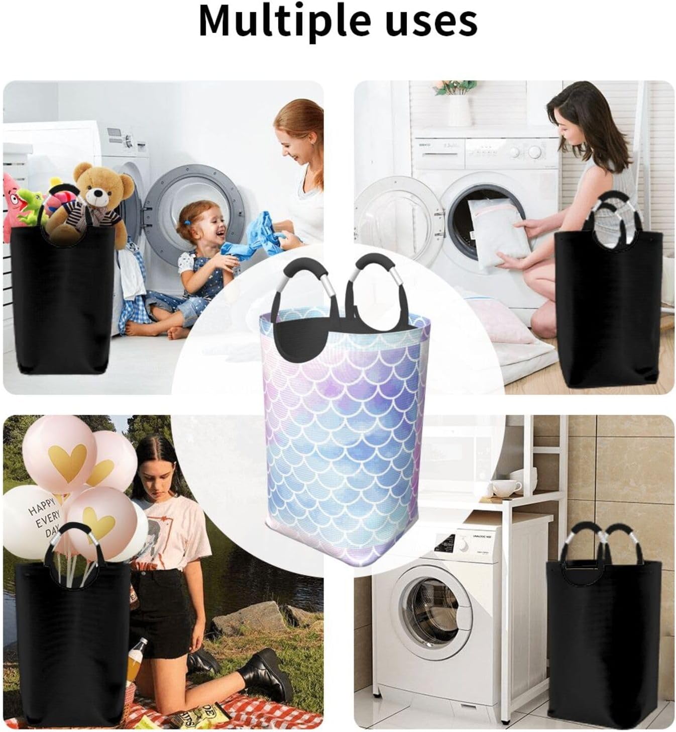 Mermaid Laundry Basket Organizer Collapsible Laundry Hamper Waterproof Nursery Storage Baskets with Handles for Toys Organizer Clothes Bathroom Travel