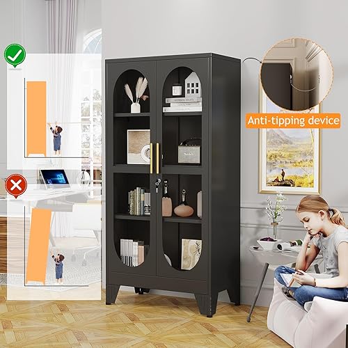 Miniatura 7 de PAOFIN Gabinete de almacenamiento de metal con puertas y estantes de bloqueo gabinete de oficina para garaje oficina aula