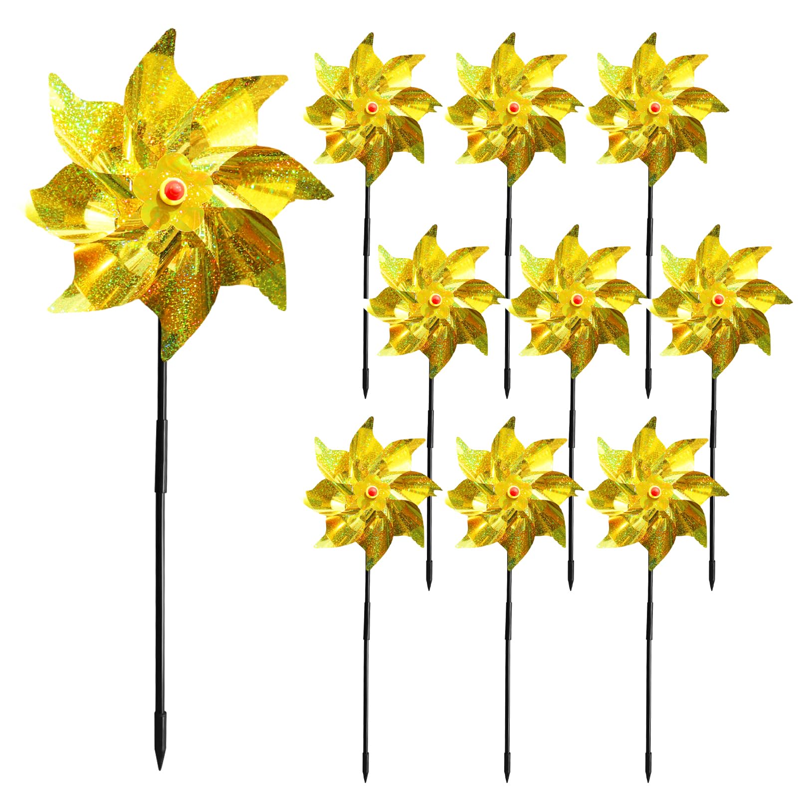 Photo 1 of 10 Pack Reflective Pinwheels for Yard and Garden, Bird Deterrent Wind Spinners with Stakes, Outdoor Bird Repellent Pinwheels for Lawn Patio Farm Orchard Garden Decor, Gold