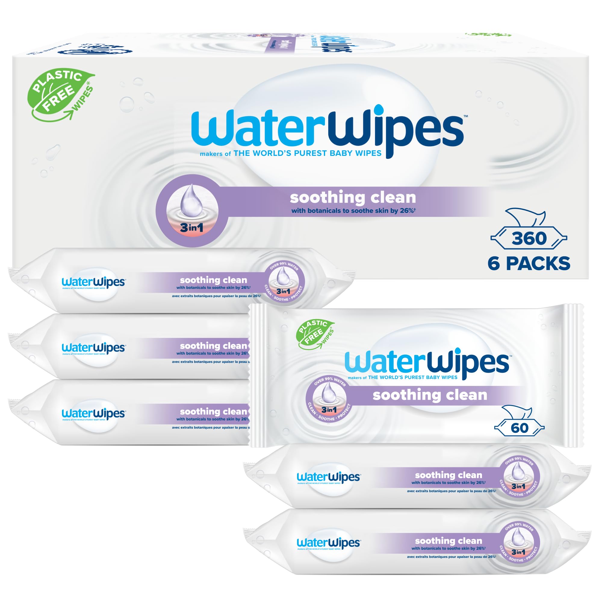 WaterWipes Soothing Salviette lenitive pulite per neonati, 360 salviette (6 Confezione), con il 99% di acqua ed estratti botanici, salviette umidificate per viso e corpo