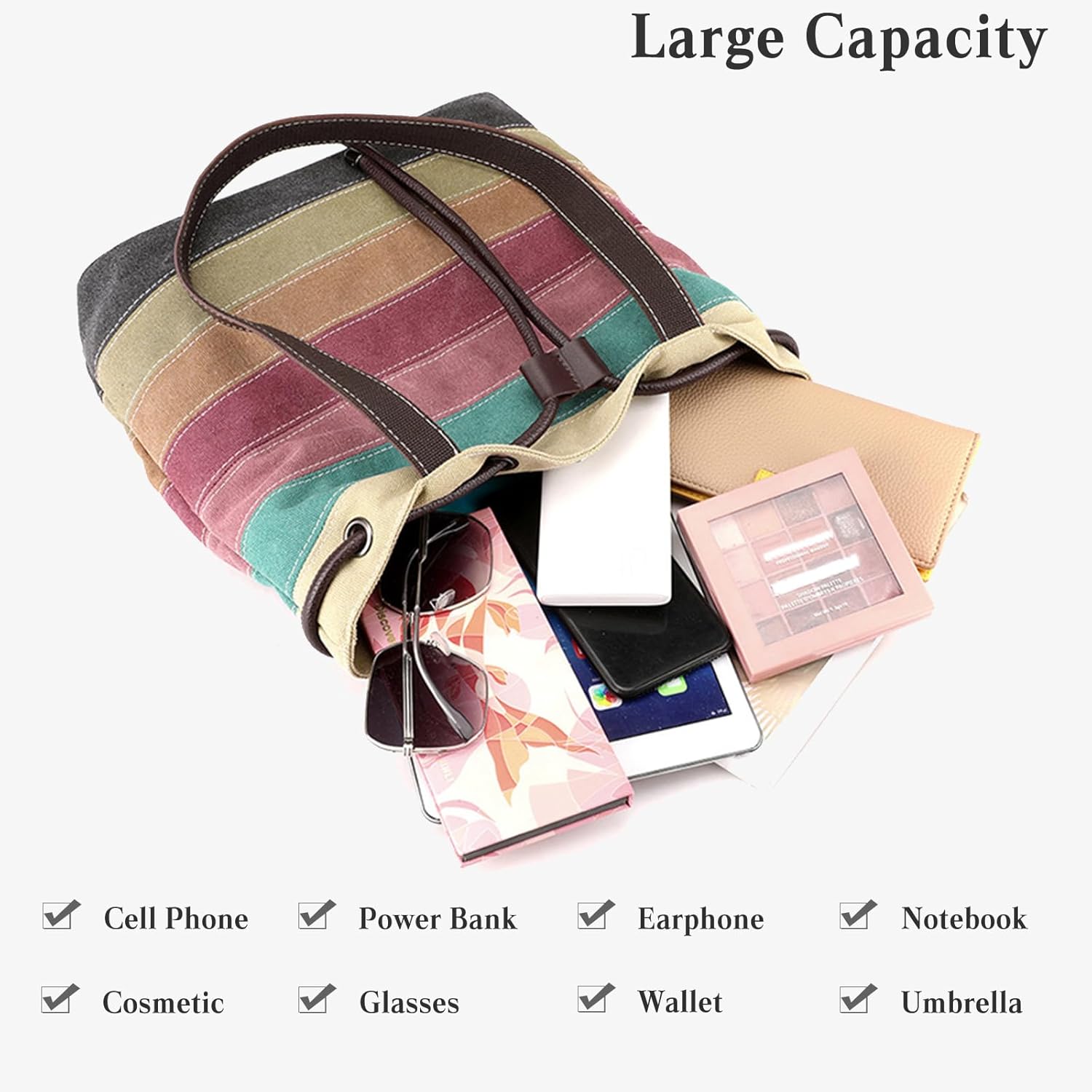 Canvas Shoulder Bag for Women Multi-Colour Striped Handbag Casual Top Handle Bag Large Hobo Bag Multi-Pocket Tote Bag - Image 5