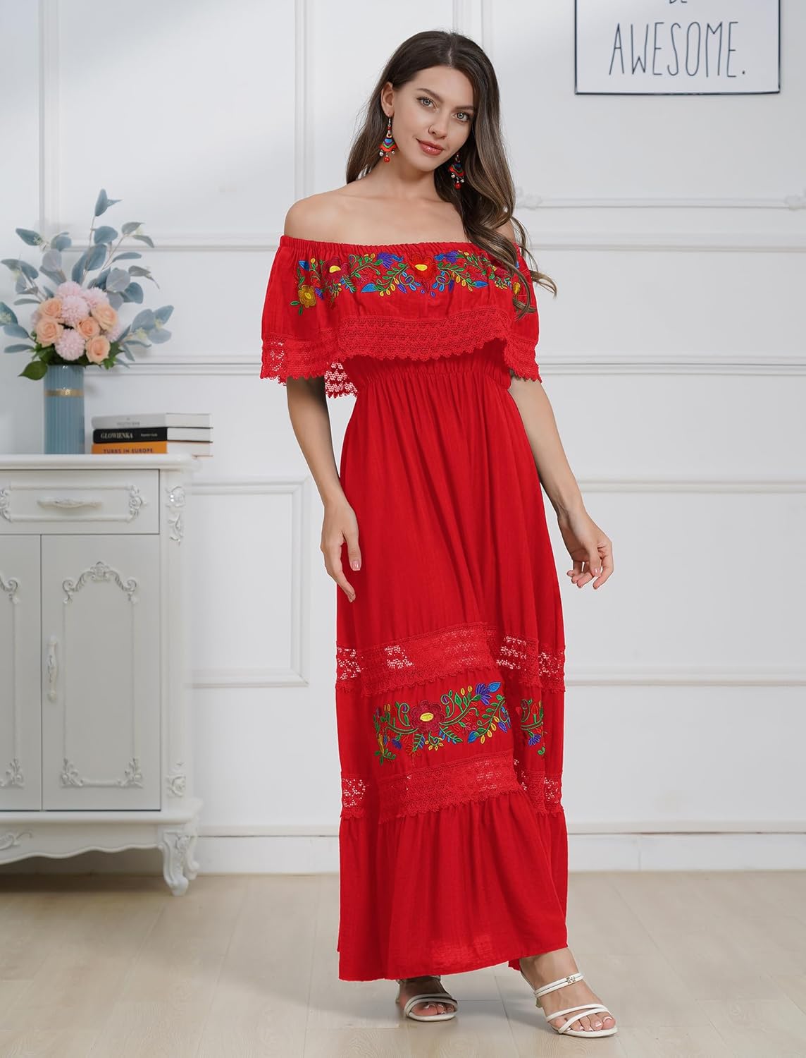 Mexican Dress for Women Traditional Off Shoulder Embroidered Present Casual Lace Long Maxi Dress Cinco de Mayo Outfit - Image 2