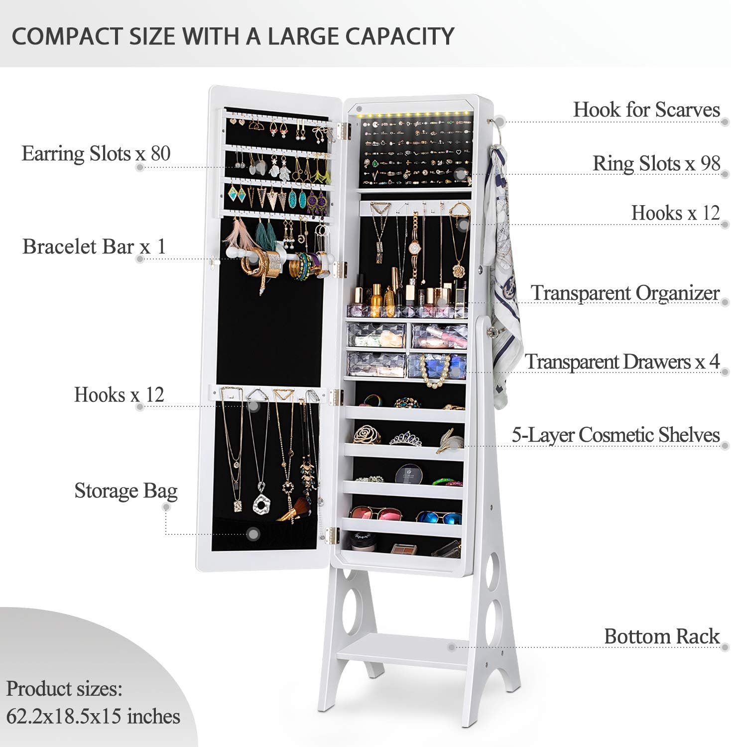 YOKUKINA LED Jewelry Cabinet Armoire, Large Storage Lockable Organizer with Frameless Free Standing Dressing Mirror : Clothing, Shoes & Jewelry