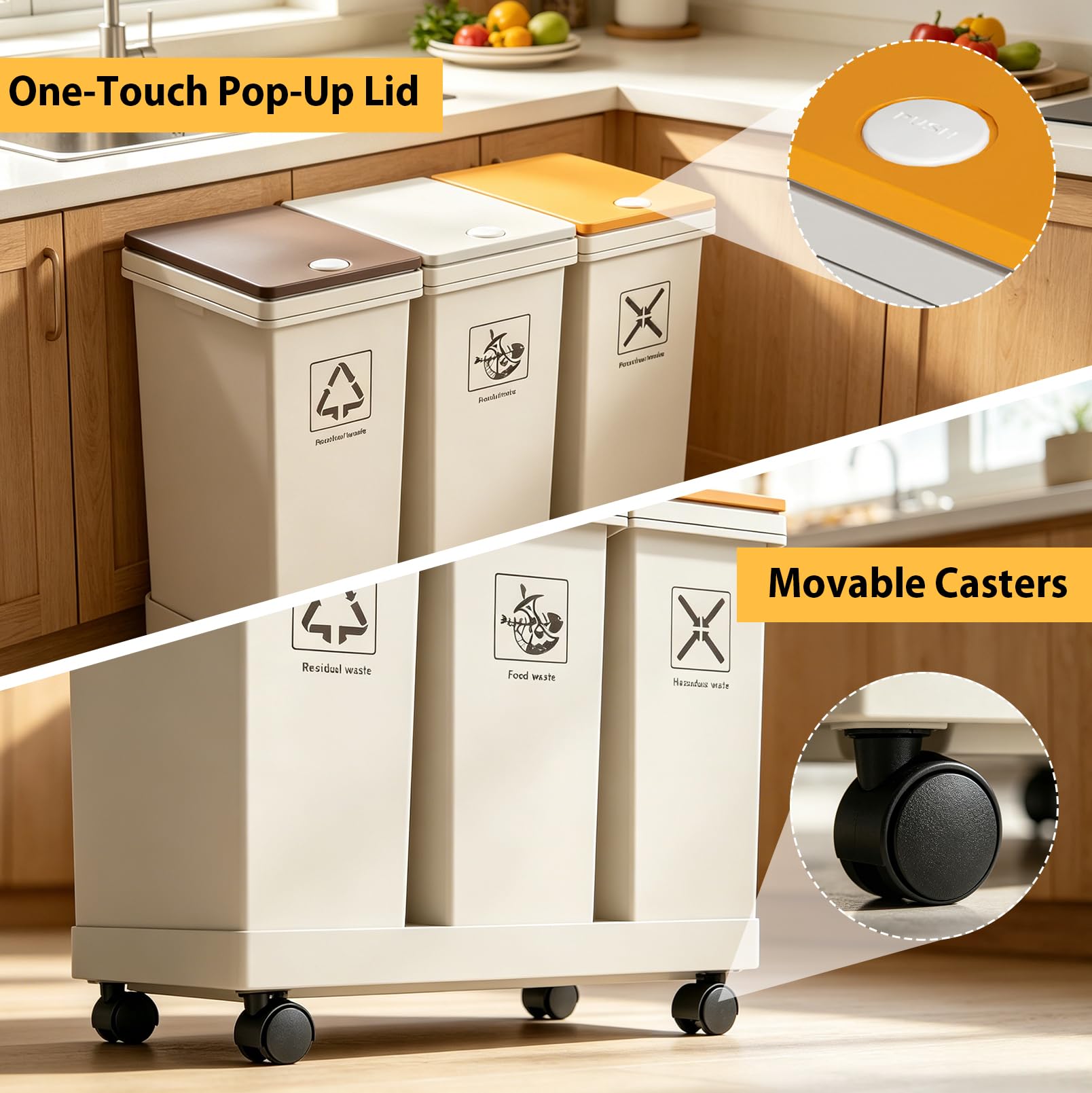 Lot de 3 poubelles, 3 x 12 l, système de tri des déchets de cuisine avec pied | Poubelle différenciée amovible, poubelle de recyclage avec couvercle et roulettes, pour cuisine, maison, bureau, poubelle