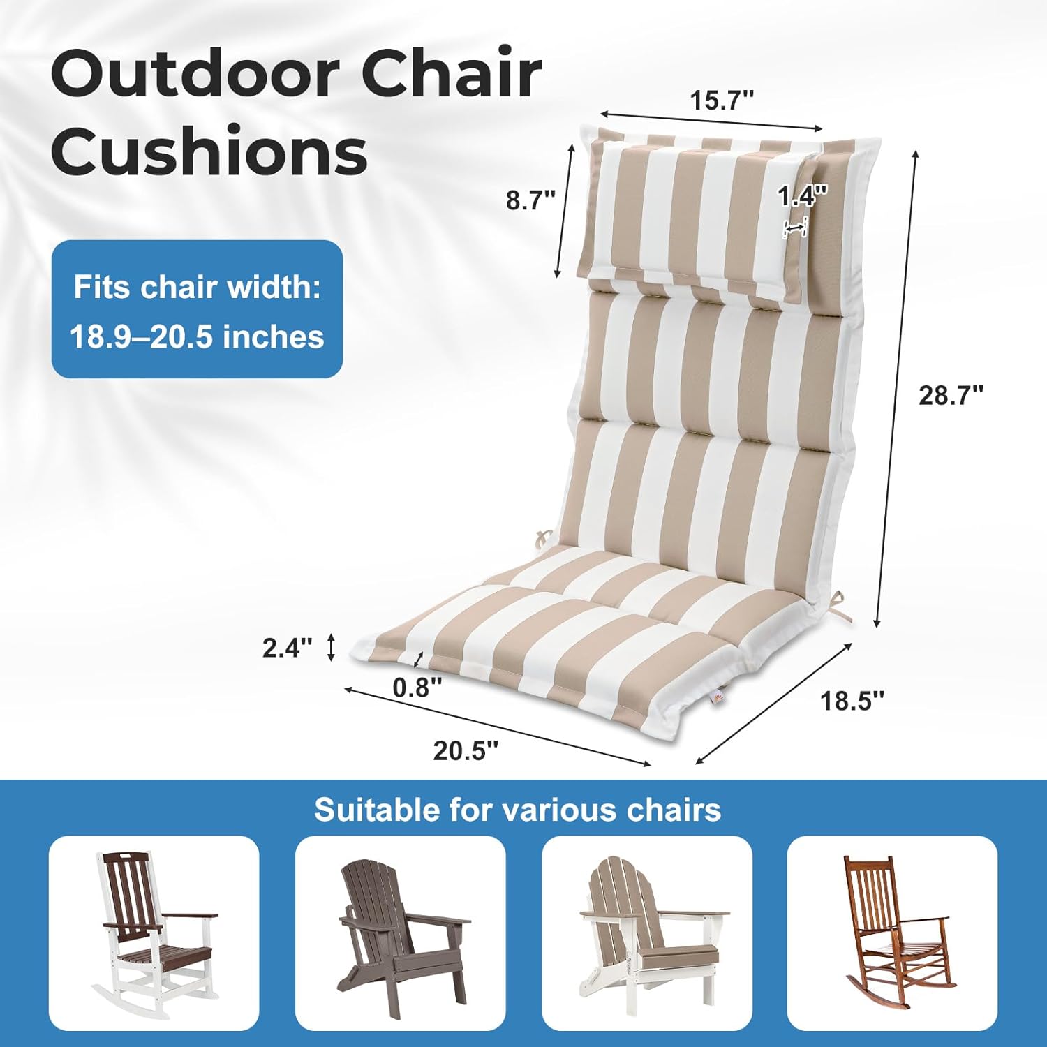 COWVIE High Back Patio Chair Cushions Set of 2 for Outdoor Rocking Chairs, 47 x 21 x 2.9 Inch Patio Flanged Seat Cushions with Headrest for Adirondack Chairs, Dining Chairs
