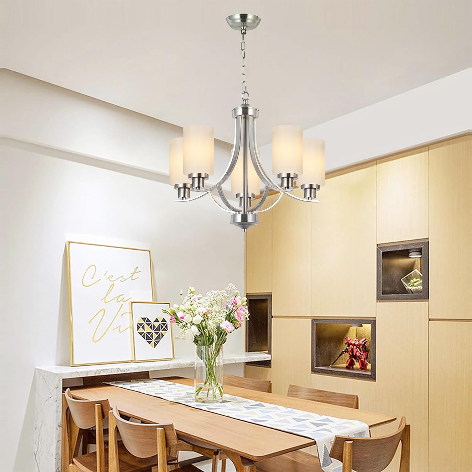 melucee 5 lights chandeliers for dining room traditional chandelier classic pendant light brushed nickel with milky white glass shade, mid century modern chandelier for kitchen foyer bedroom brushed nickel 5 lights