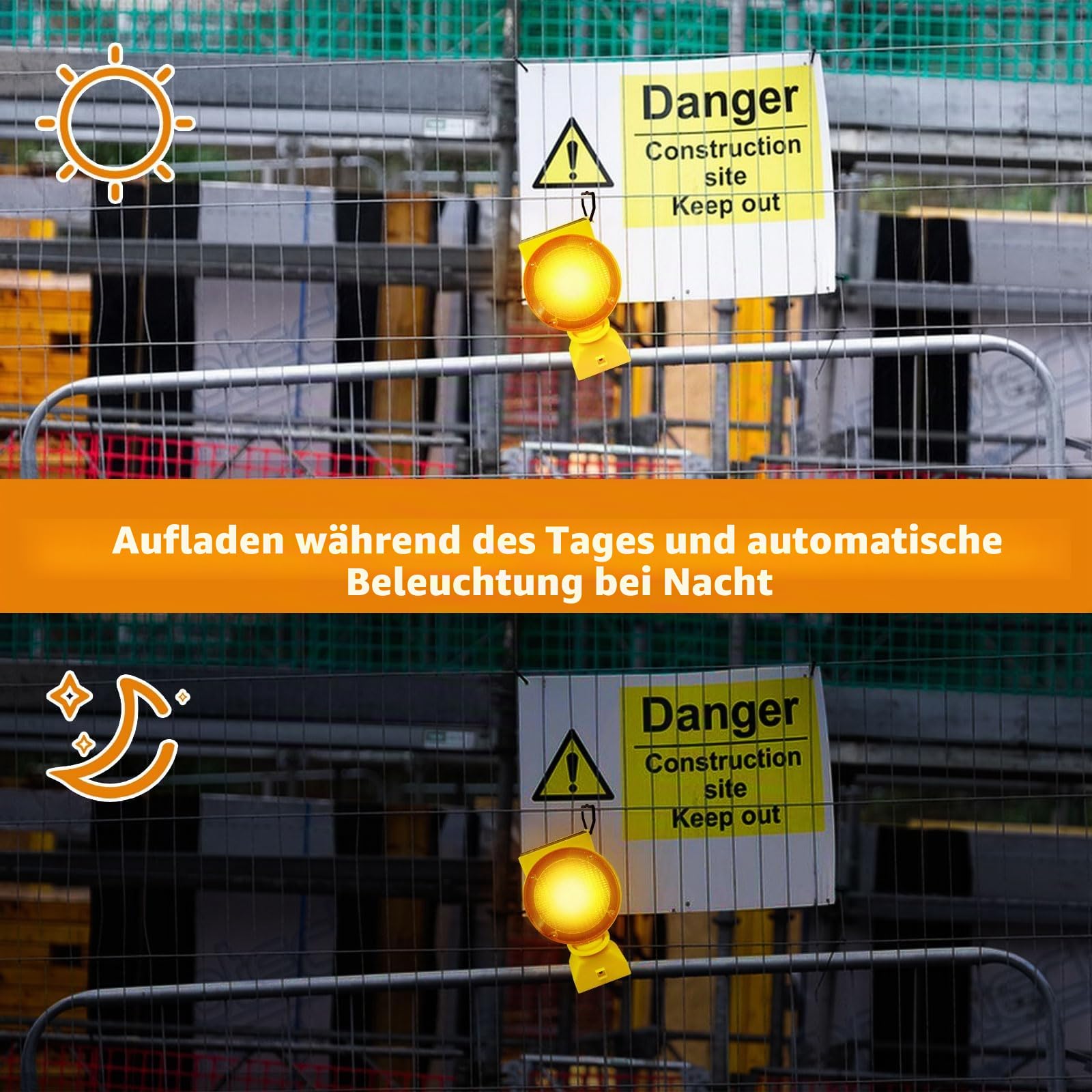 2 Stück Solar-Industrie-Warnleuchten, Solar-Blinklampe mit Haken, wiederaufladbare Sicherheitsbarrikade Warnleuchten, 3 Beleuchtungsmodi für Straßenbau und Fahrzeugnotfall