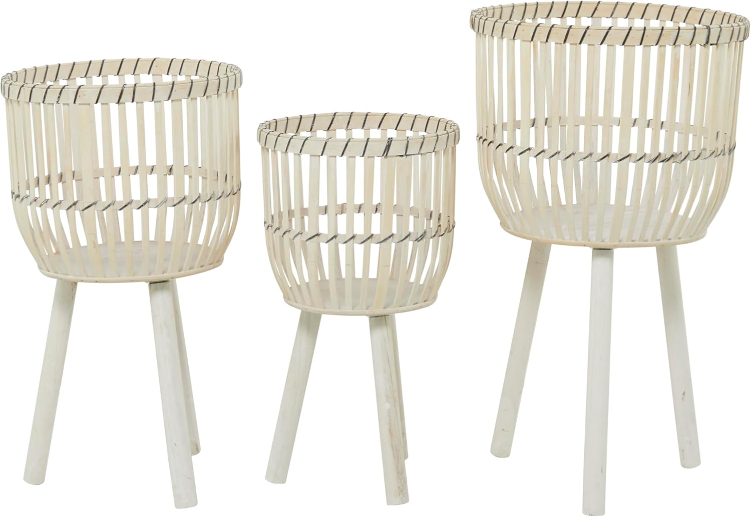 Deco 79 Bamboo Wood Handmade Indoor Planter Large Planter Pot, Set of 3 Planters 26", 23", 20"H, White