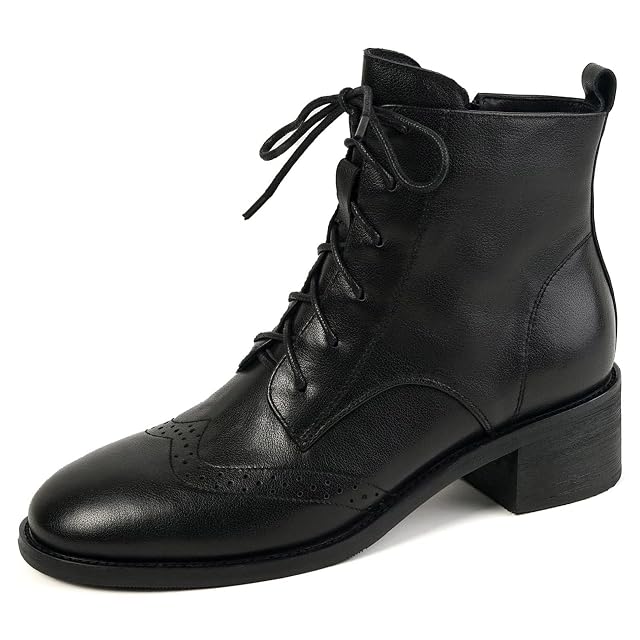 Vintage Ankle Boots for Women Lace Up Dressy Low Block Heel Slip On Black Combat Booties Almond Toe