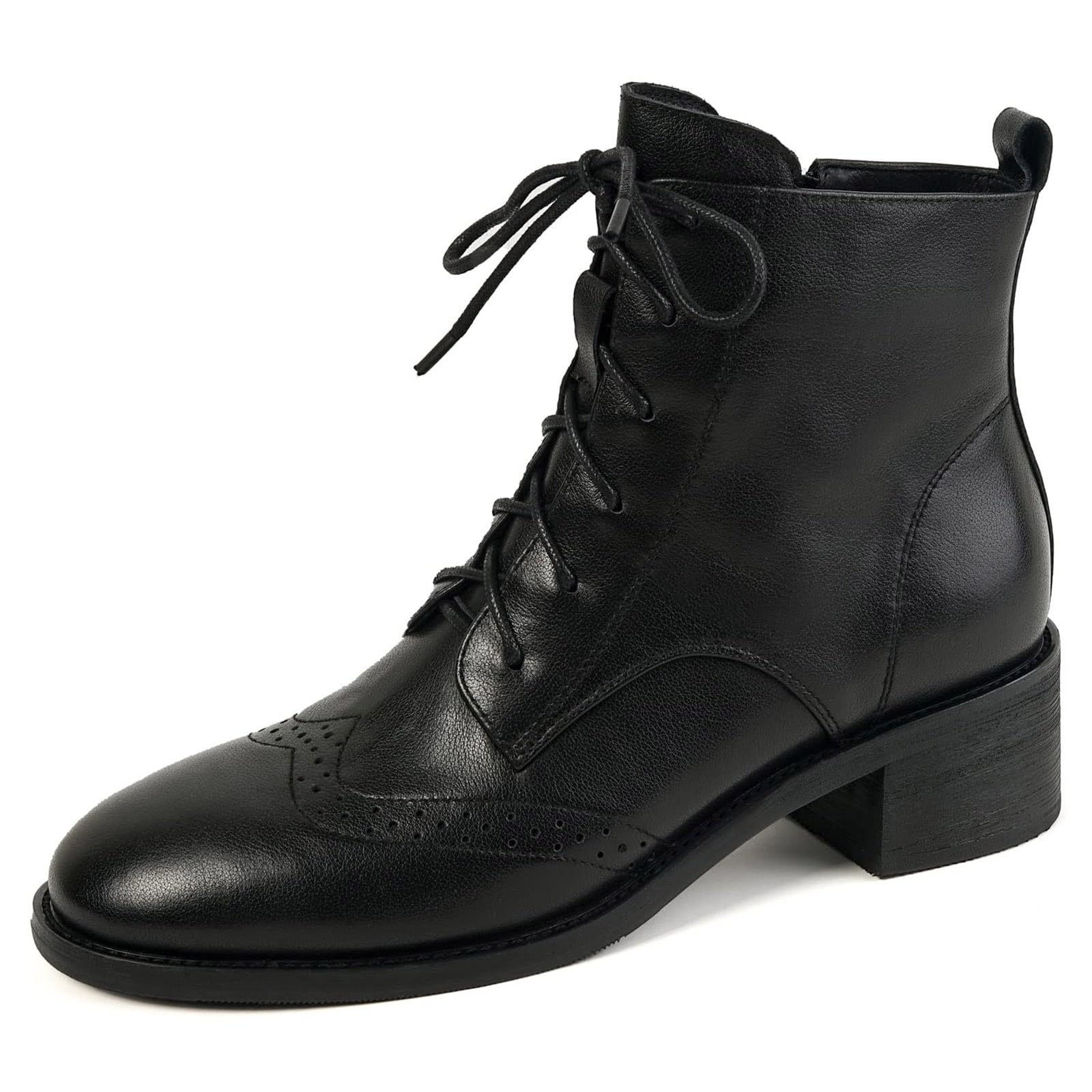Vintage Ankle Boots for Women Lace Up Dressy Low Block Heel Slip On Black Combat Booties Almond Toe