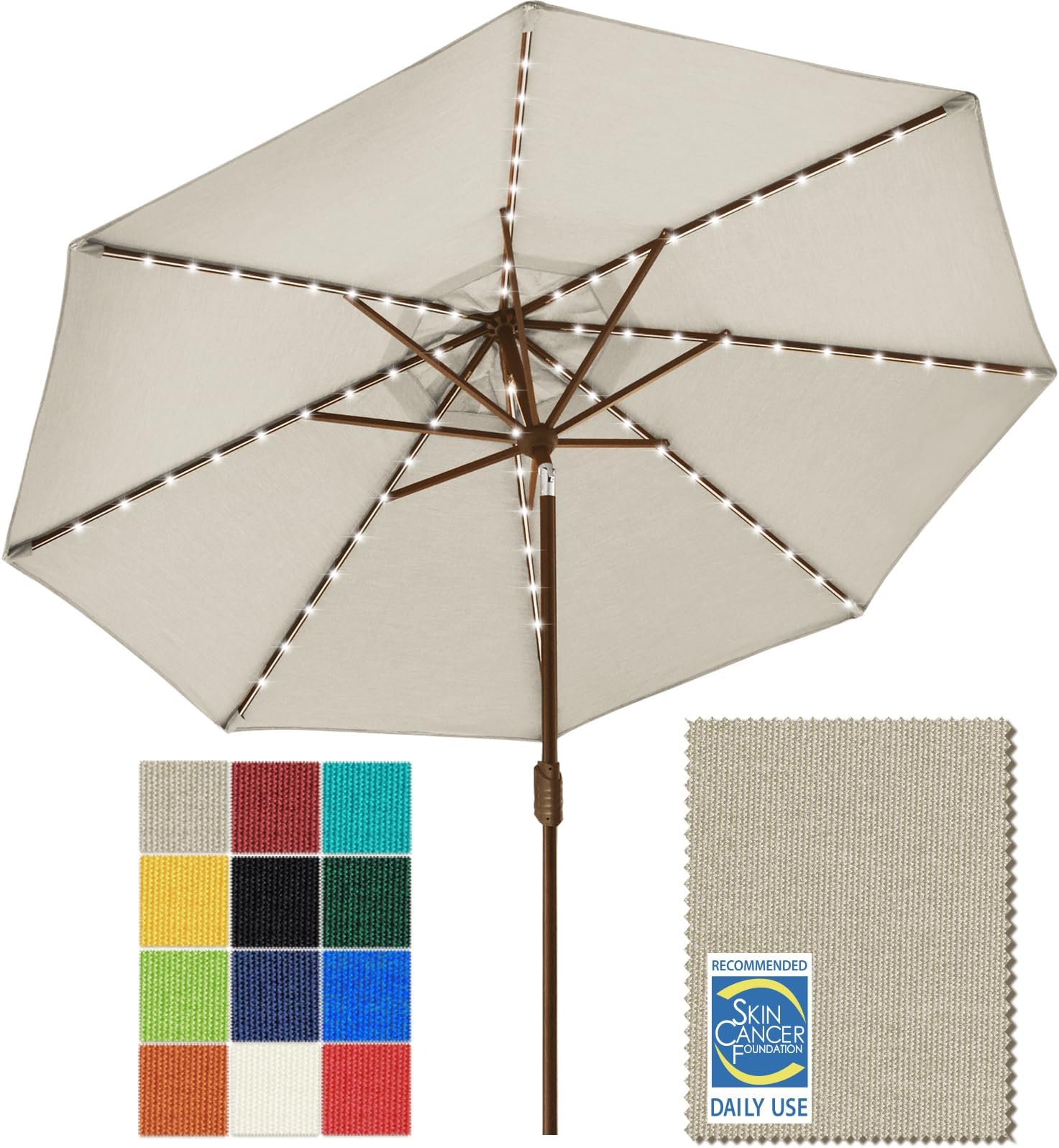 EliteShade USA 10-Year-Non-Fading Solar 9ft Market Umbrella with 80 LED Lights Patio Umbrellas Outdoor Table Umbrella with Ventilation（Antique Beige）