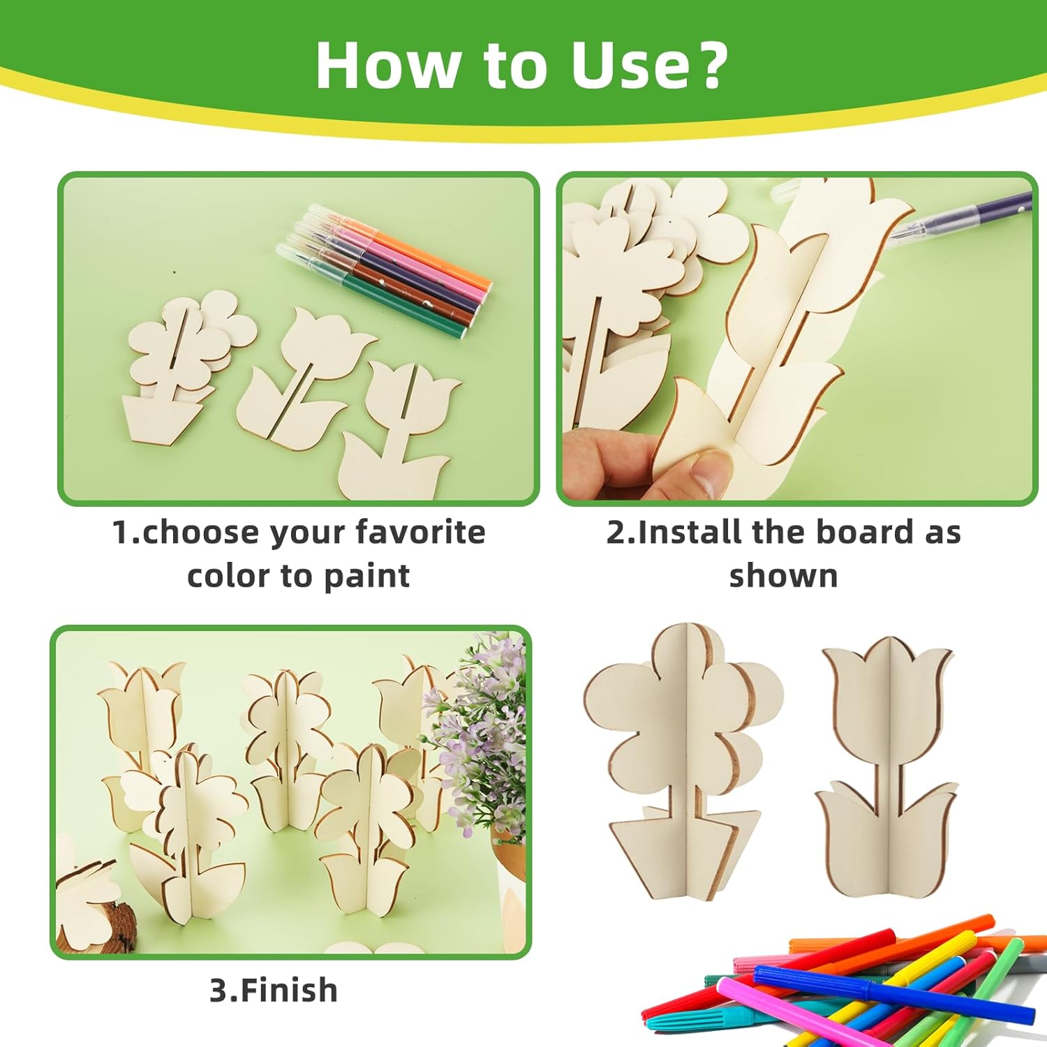 96PCS DIY 3D Flower Spring Wood Crafts to Paint, Unfinished Blank Flower Wooden Cutouts for Craft, Flowers Ornaments for Painting Decorations