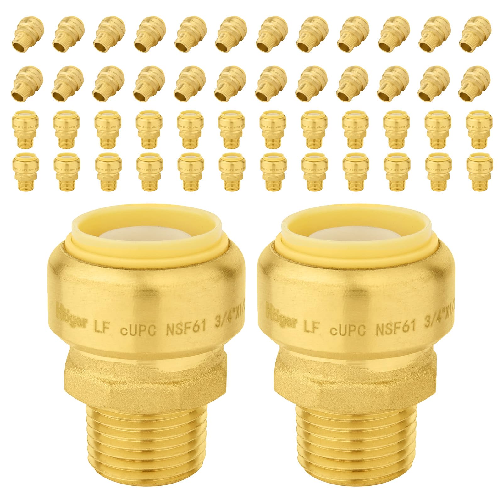50 szt. złączek mosiężnych Foskan 3/4" Push-to-connect x 1/2" z gwintem zewnętrznym, do łączenia rur PEX, miedzianych, C, PE-RT, z zaciskiem rozłączającym do napraw hydraulicznych (PTC x MNPT)
