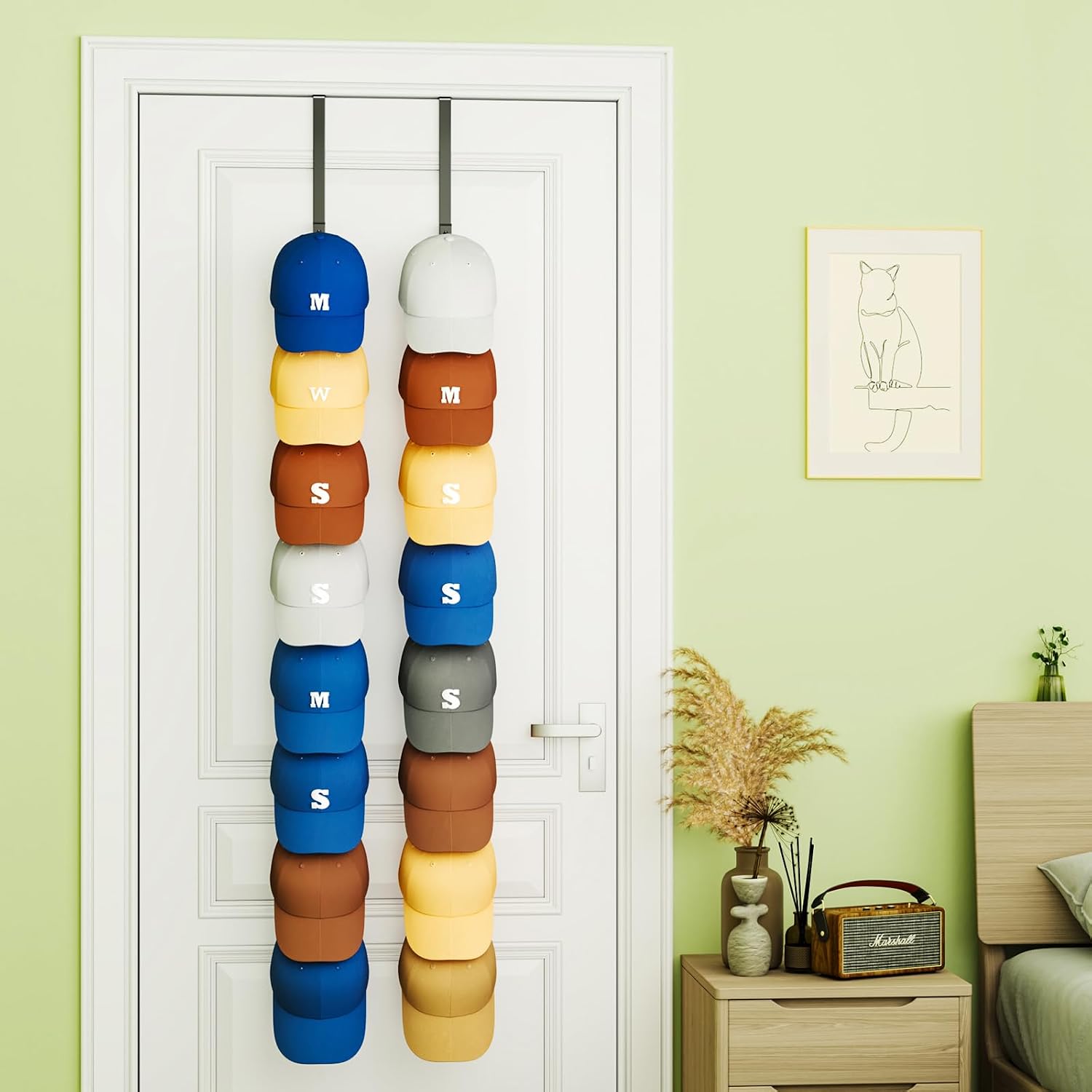 SWTYMIKI Over Door Hat Organizer - 2 Packs Metal Wall Mounted Hat Rack with 16 Hooks Design, Hanging Baseball Cap Organizer Storage Holds up to 32 Caps for Door, Bedroom, Closet
